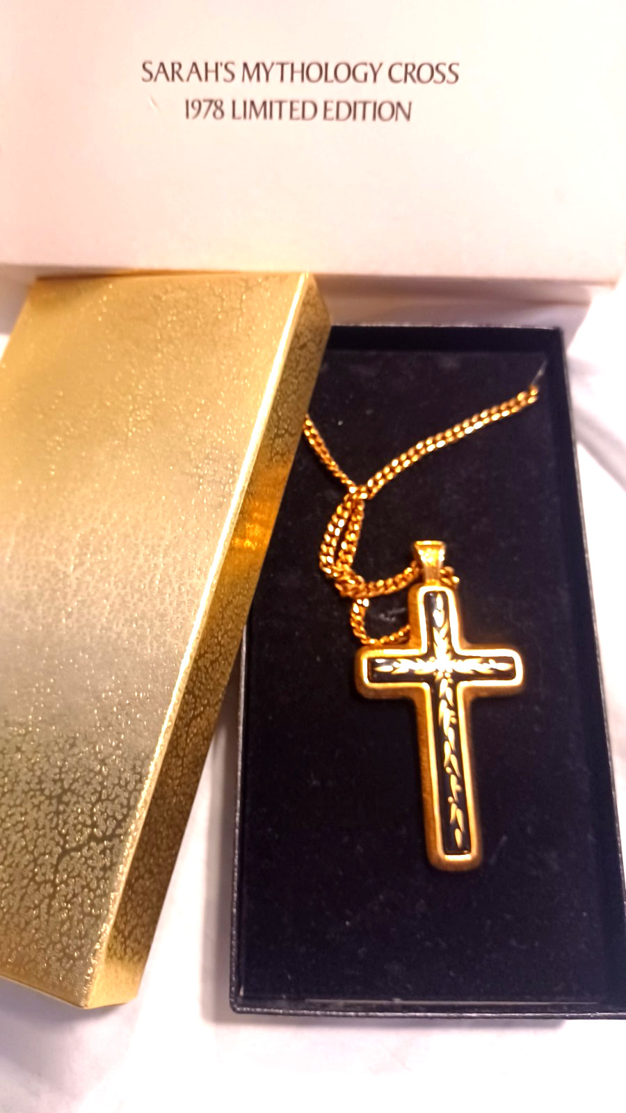 1978 Sarah Coventry Mythology Cross Necklace Gold Tone and Porcelain Limited-NIB