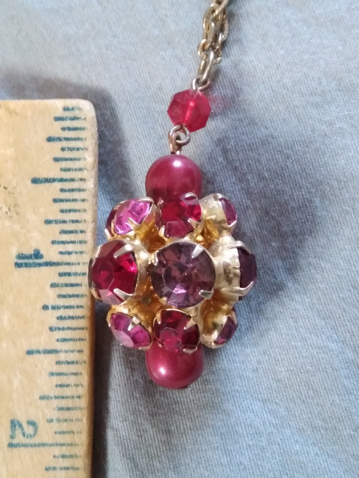 Vintage Pink Red Purple Rhinestone Pendant Necklace.