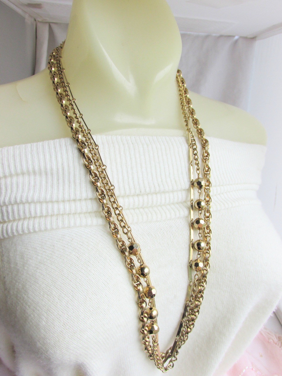 Vintage 3 Golden Rows Chain Necklace Gold Plate Rolo Bar Link Cable Styles