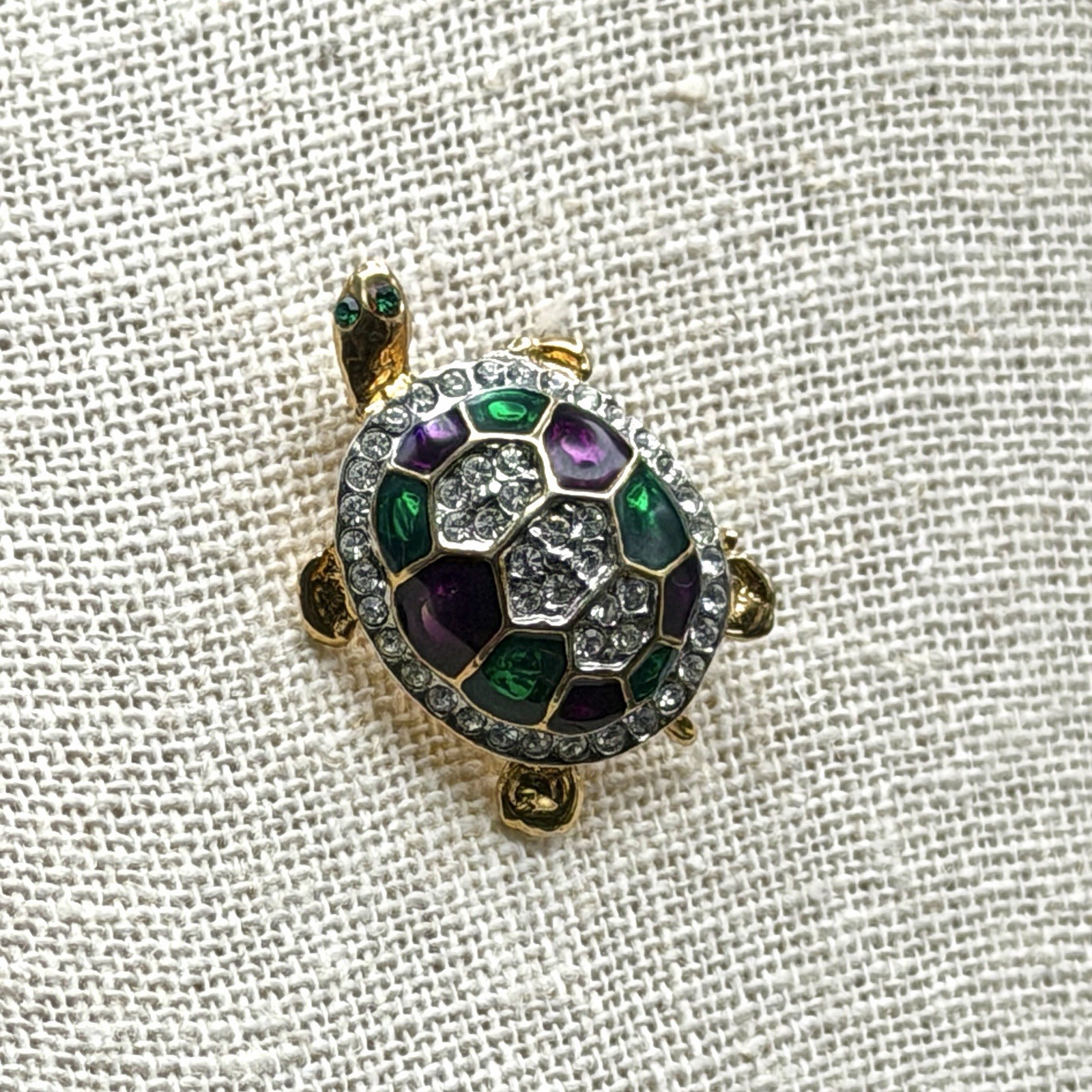 CRYSTAL TURTLE Tortoise Brooch Pin Gold Green Purple VINTAGE Green Eyes