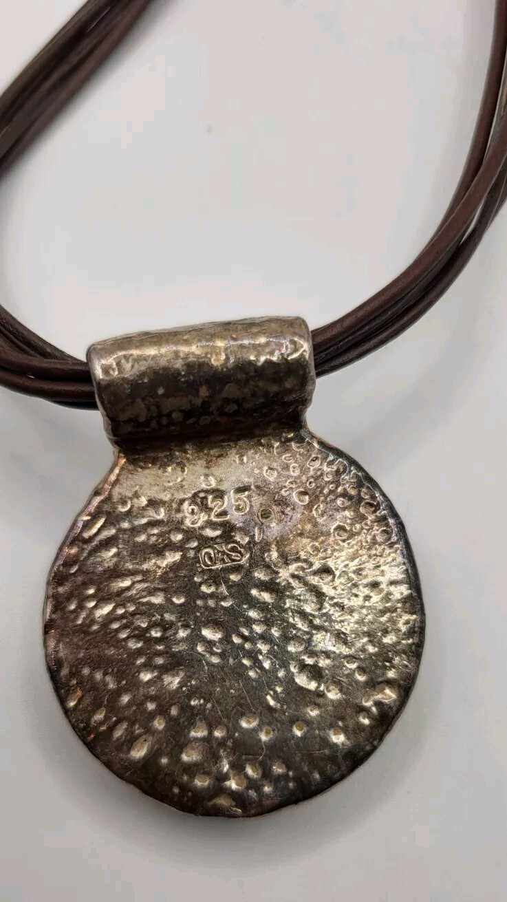 Blue Crystal 925 Sterling Italy Pendant Necklace Leather Cord Artistan Crafted