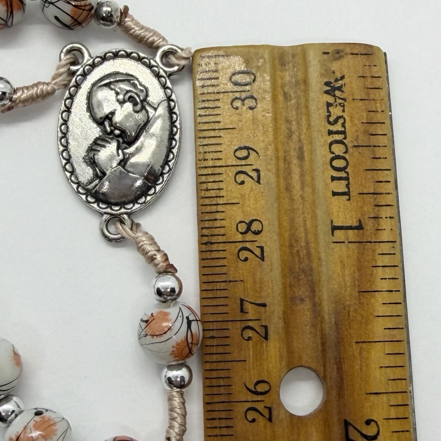 Vtg Catholic Religious Orange Rosary Glass Beads Necklace Silvertone Prayer