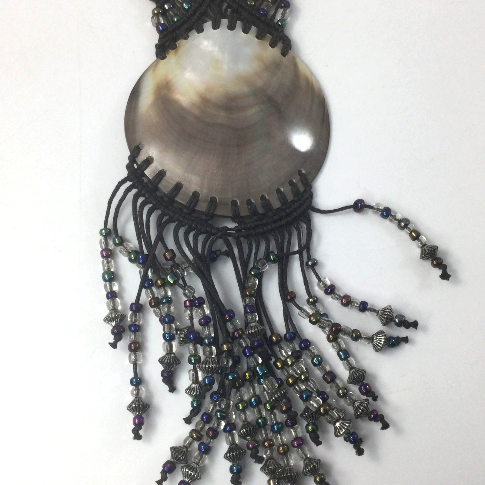 Vintage Woven Wax Tread and Shell Pendant Necklace Black Blue Silver Beaded 18″