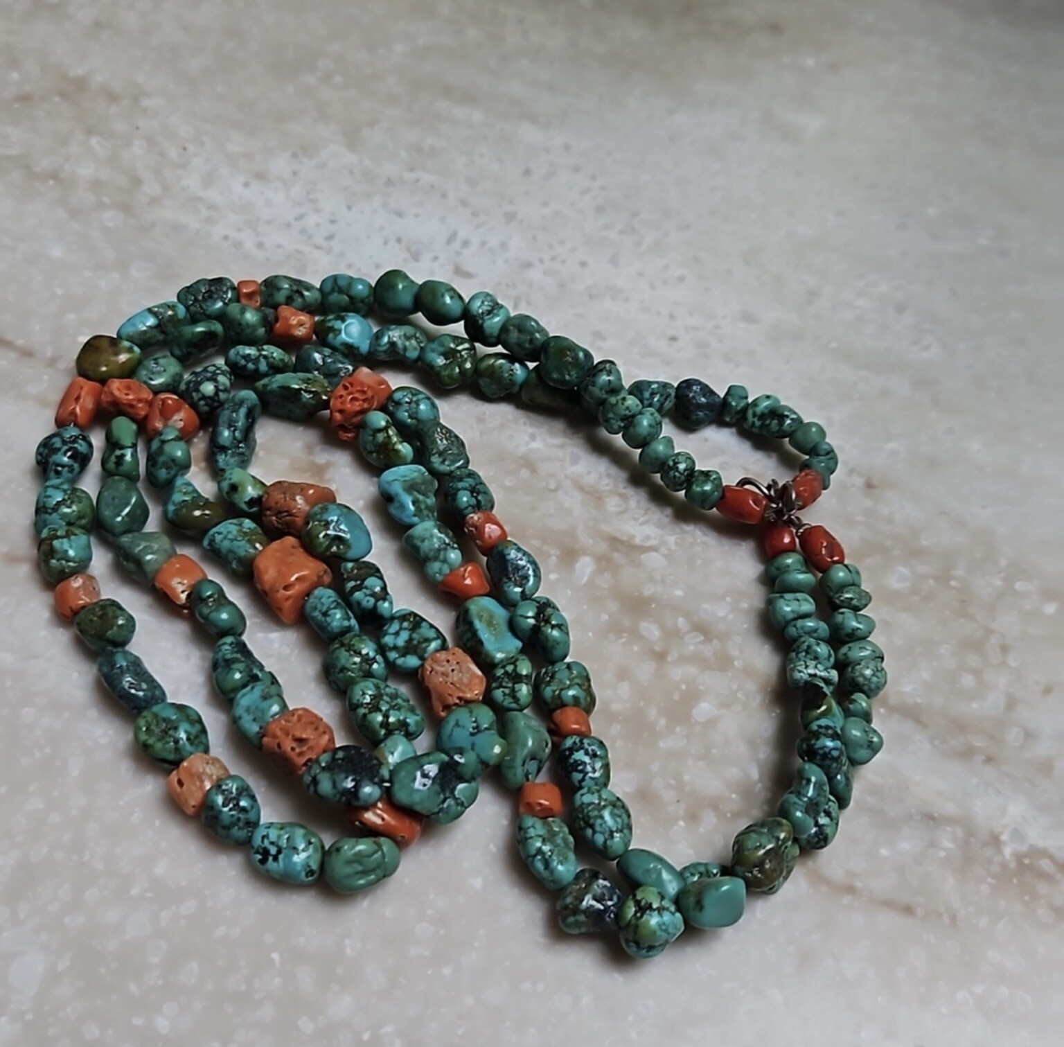 Vintage Turquoise Necklace w/ Coral Beads & 925 Silver Clasp 22 Inches