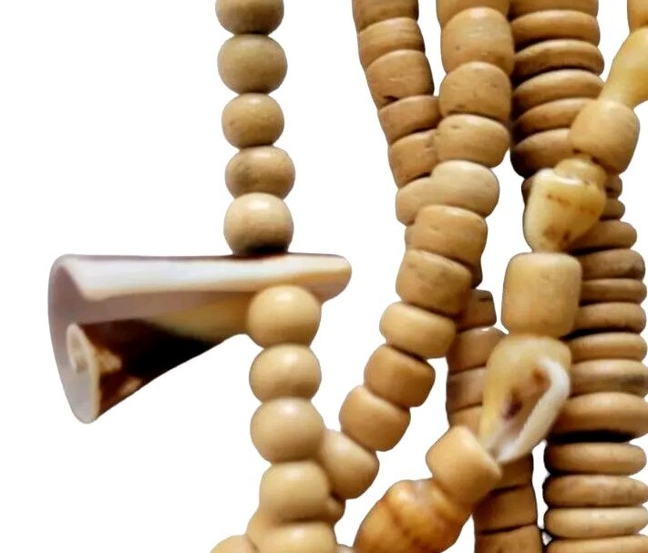 Sea Shell & Hand Carved Wood Bead Multi 7 Strand Necklace Unique Ocean Jewely