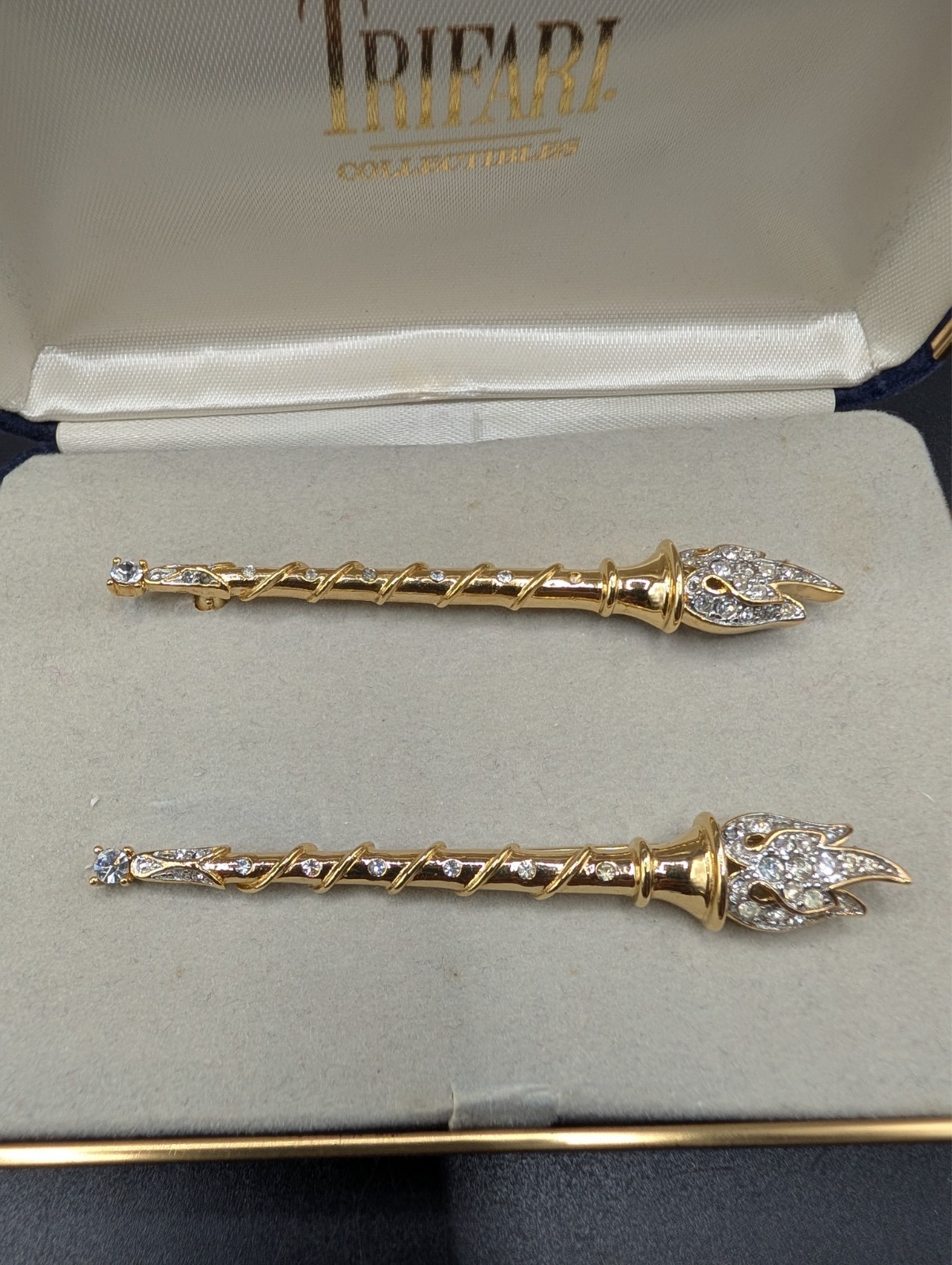 Vintage Trifari Collectibles Twin Torch Brooches Missing One Rhinestone