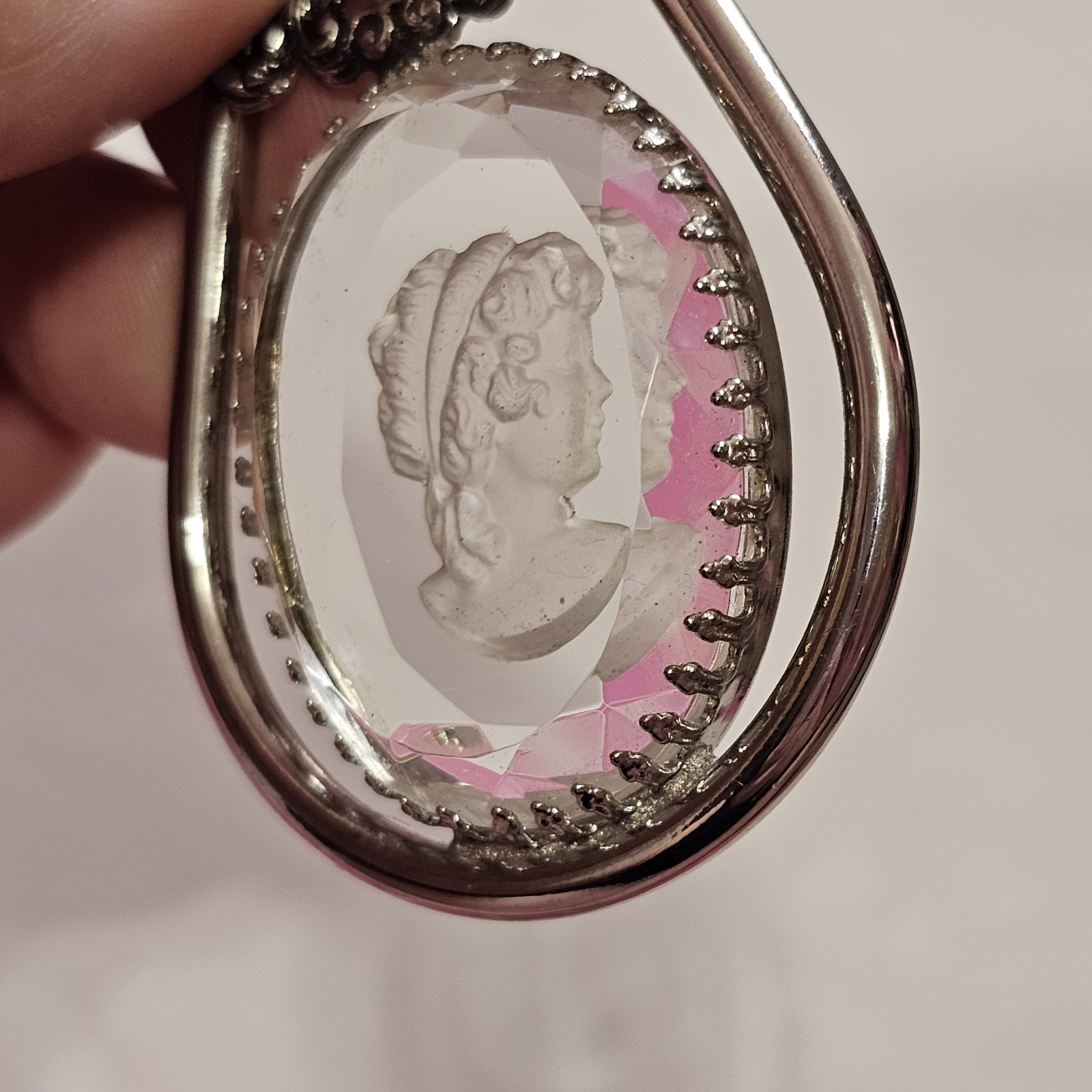 Intaglio Glass Cameo Portrait Vintage Jewelry Silver-tone Pendant Only