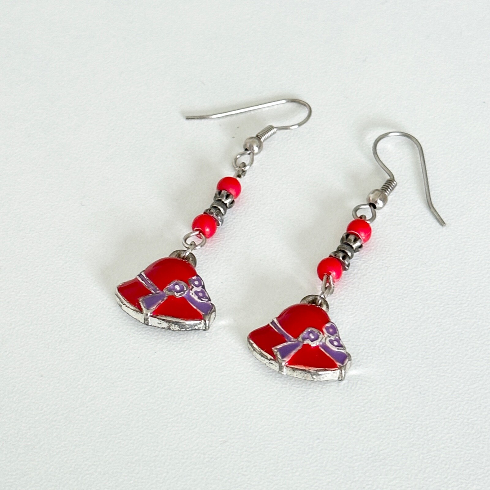 Vintage Red Purple Enamel Floral Bonnet Hat Silver Tone Pierced Drop Earrings
