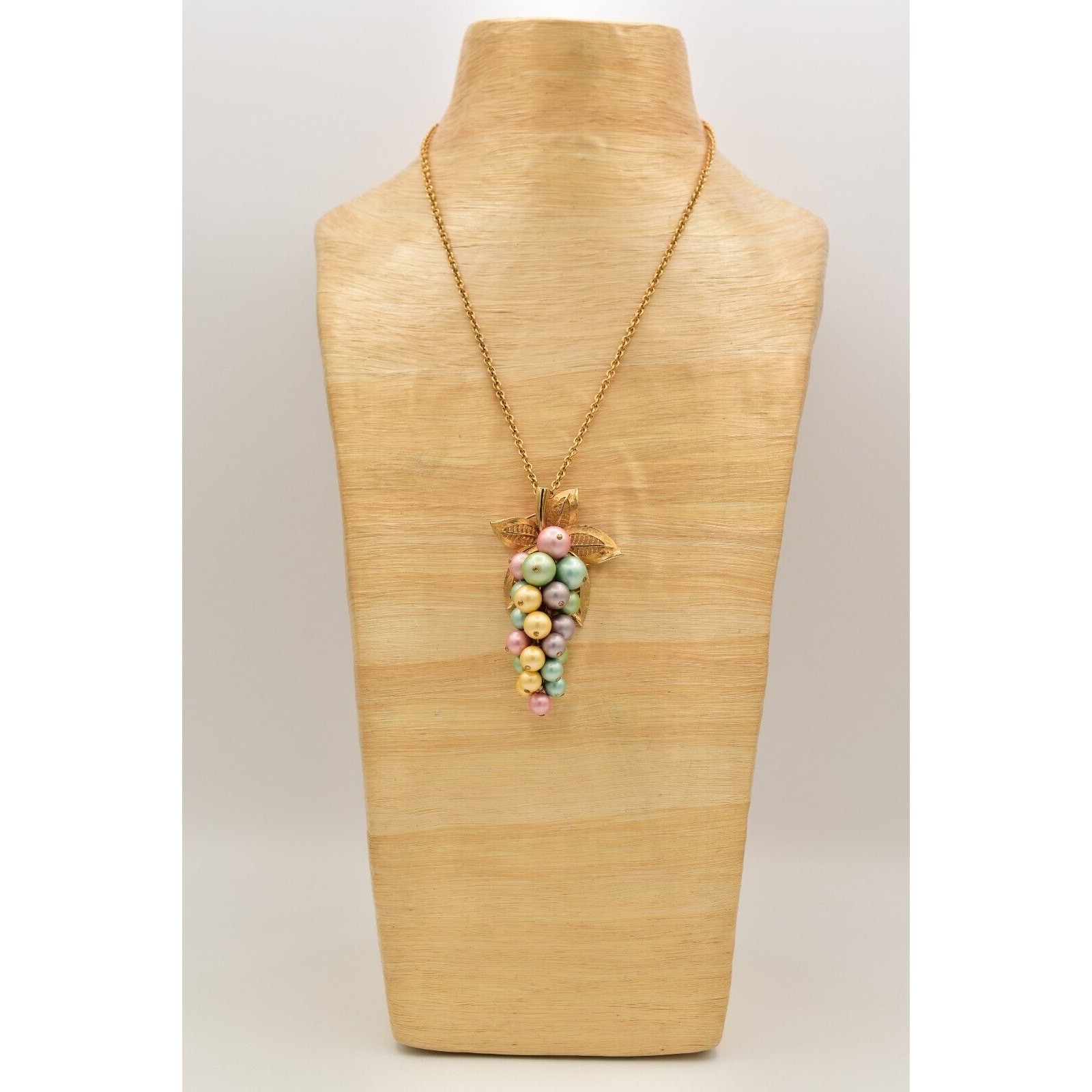Vintage Grape Pendant Necklace Brushed Gold Multi-Color Cluster Vine Pastel BinK