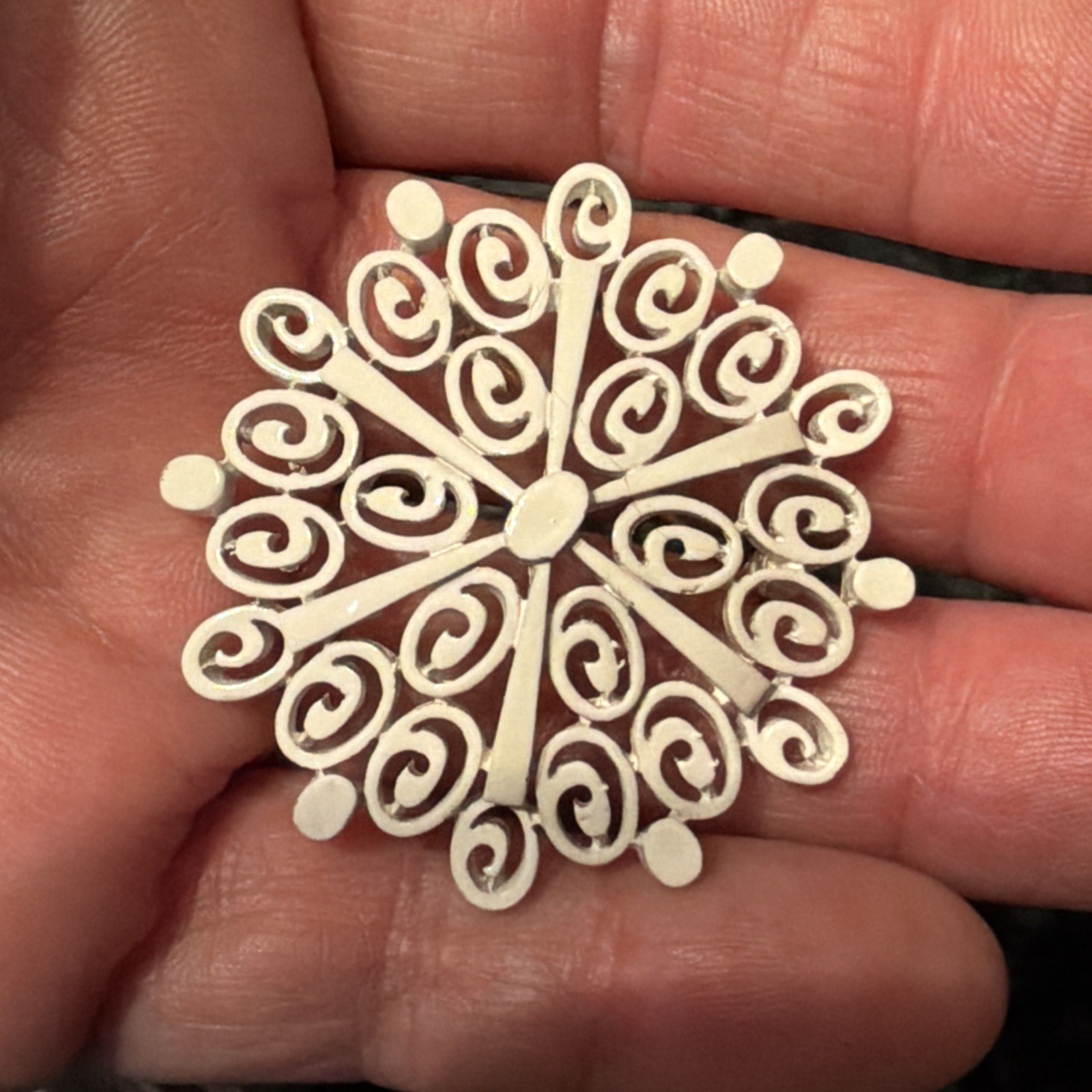 Vintage Crown Trifari Scroll Work 2” Brooch White Enamel Finish G/T Pin MINT A1