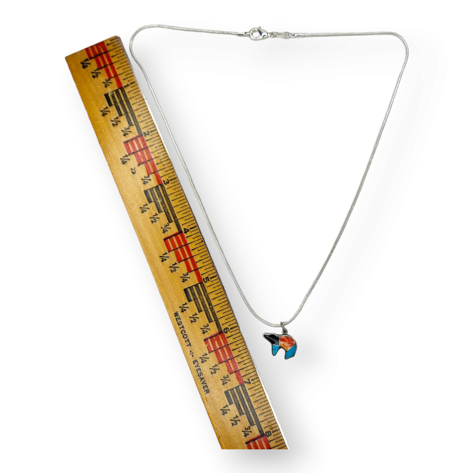 Vintage Sterling Silver 925 Bear Inlay Pendant with 18 Inch Snake Chain Necklace