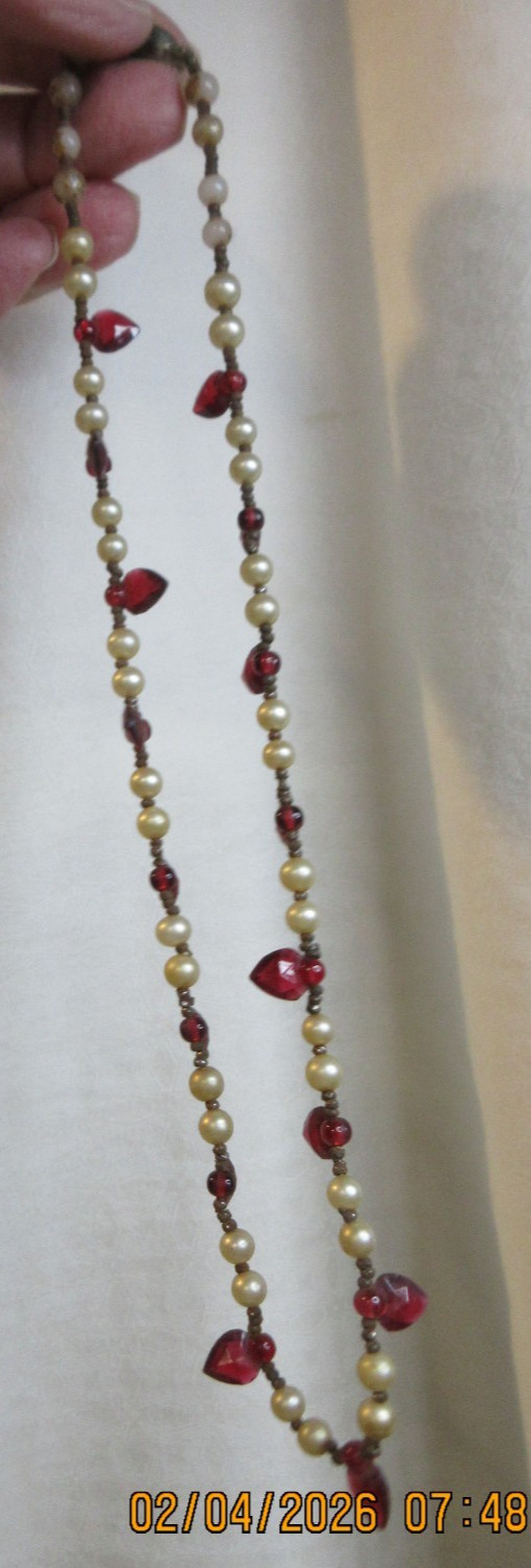 VICTORIAN RED HEARTS & PEARLS NECKLACE~SIGNED