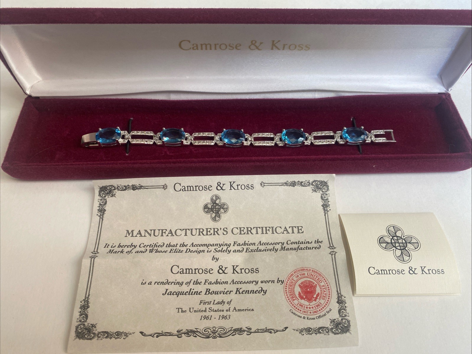 Camrose & Kross Jacqueline Kennedy Blue Topaz Silver Chain Link Bracelet JBK