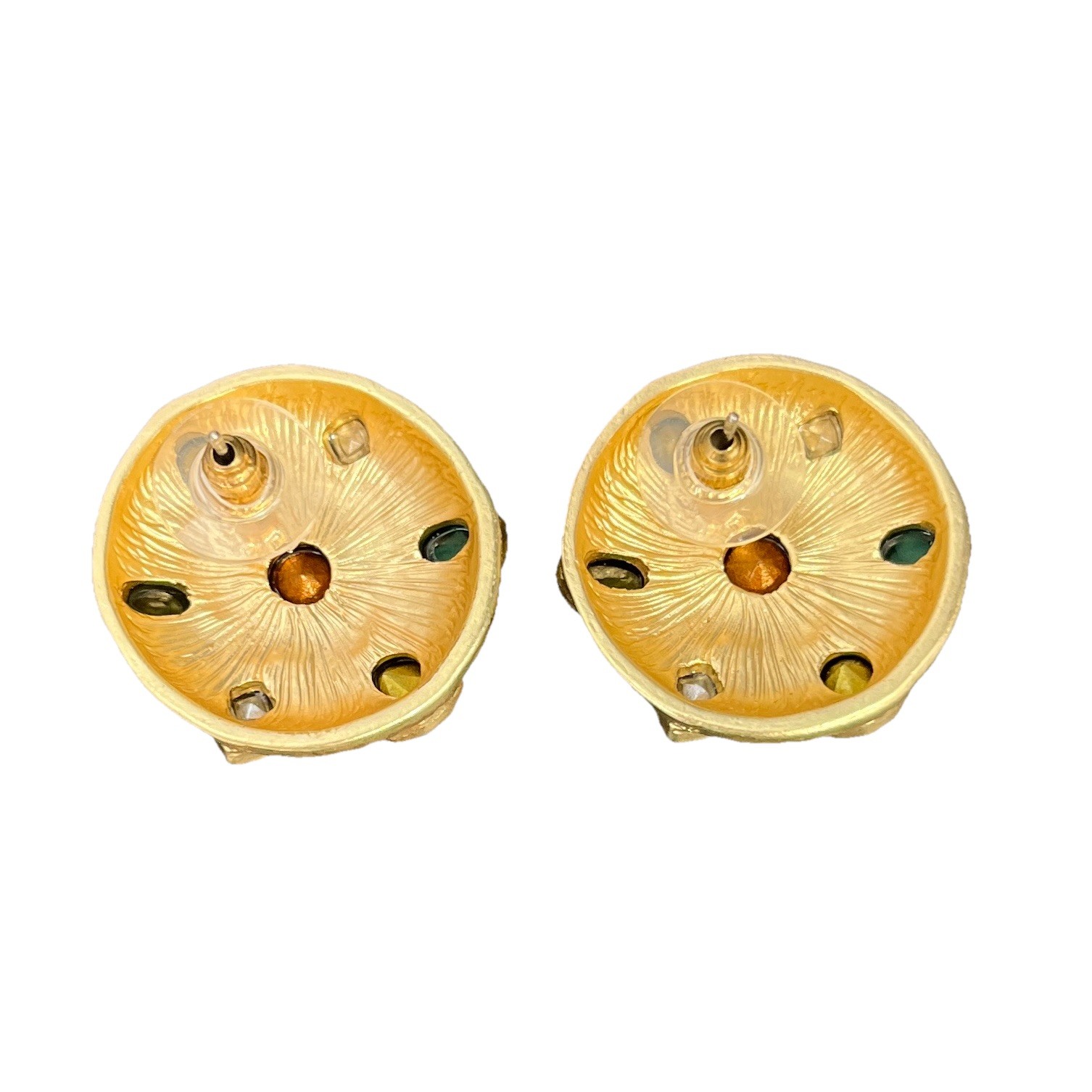 Byzantine Matte Gold Tone Earrings Round Rhinestone Gripoix Style Multicolor