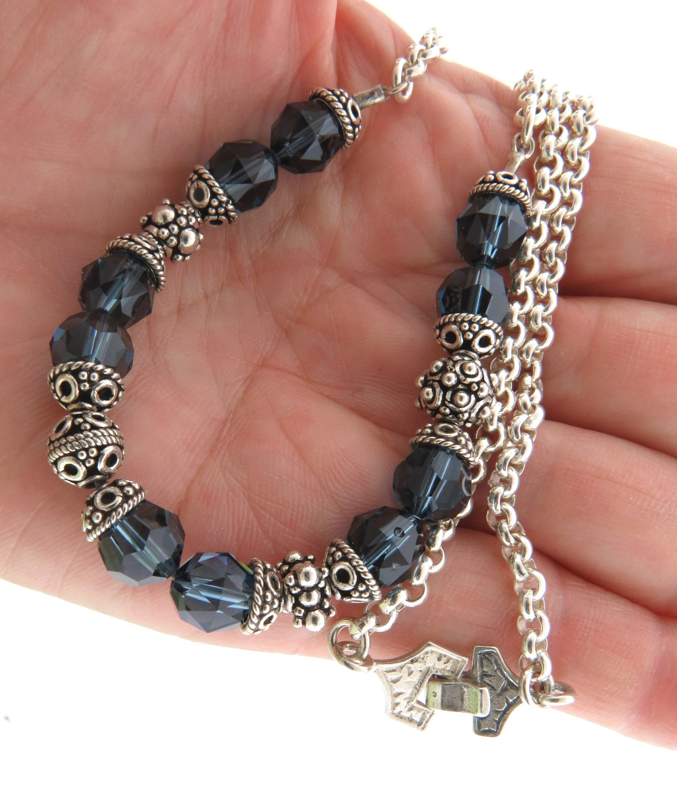 Sterling Silver Blue Crystal Beaded Necklace 10mm 17.5″