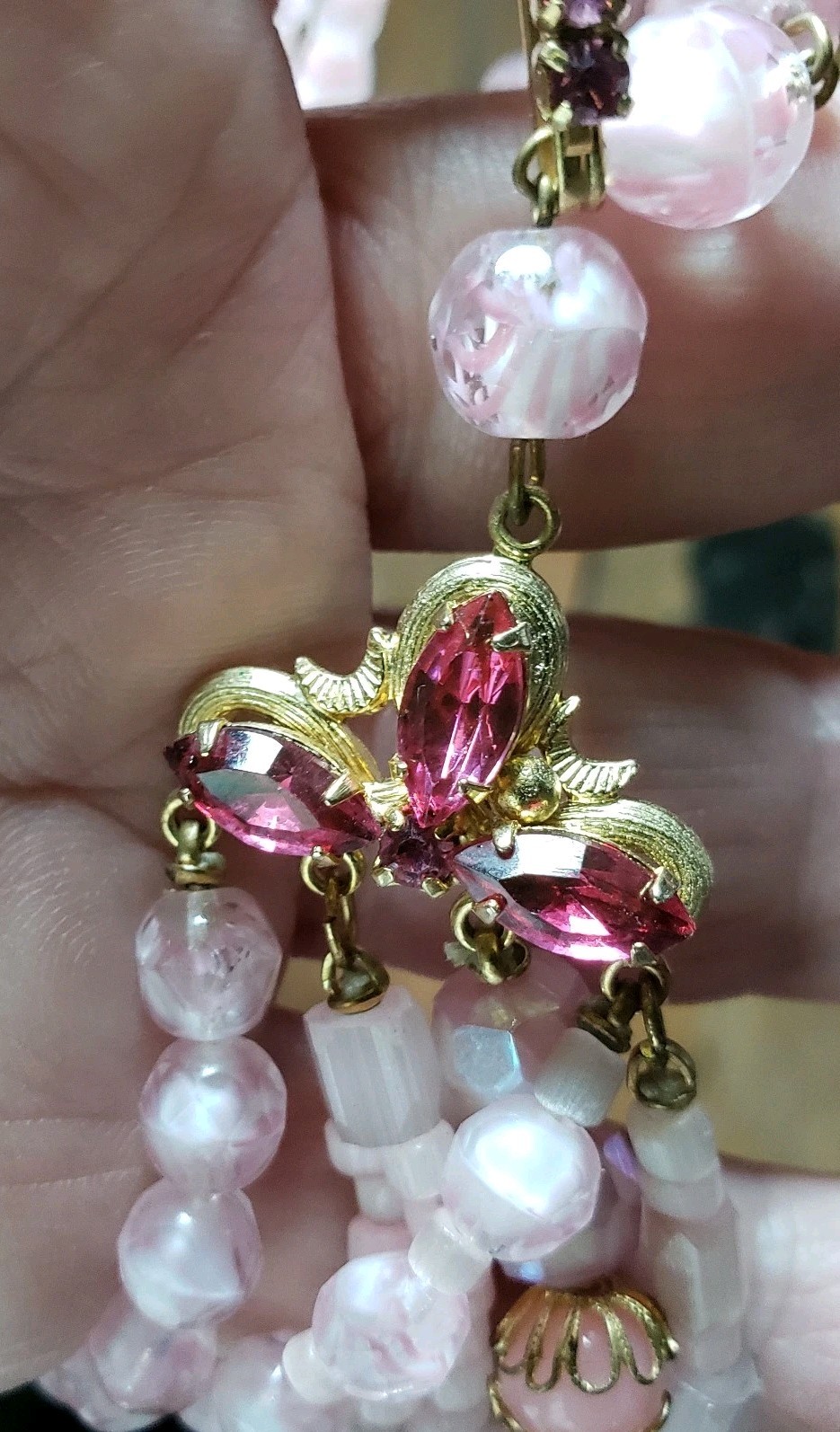 La Roco Pink Bead Rhinestone Necklace Earrings Jewelry Set Mid Century Modern