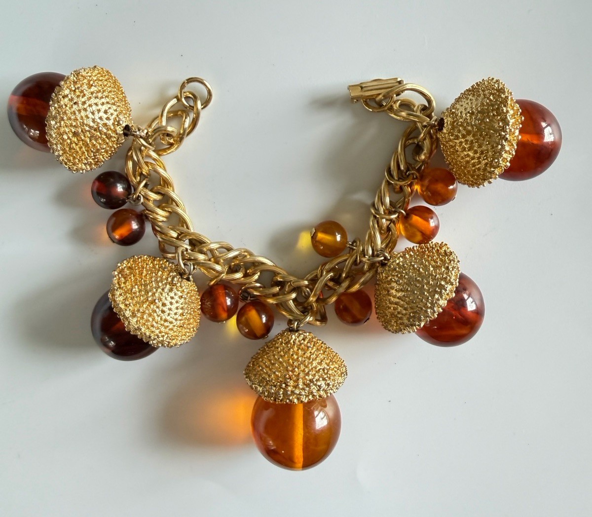Vintage MCM Chunky Acorn Charm Bracelet Oversized Amber Glass Style Lucite Gold