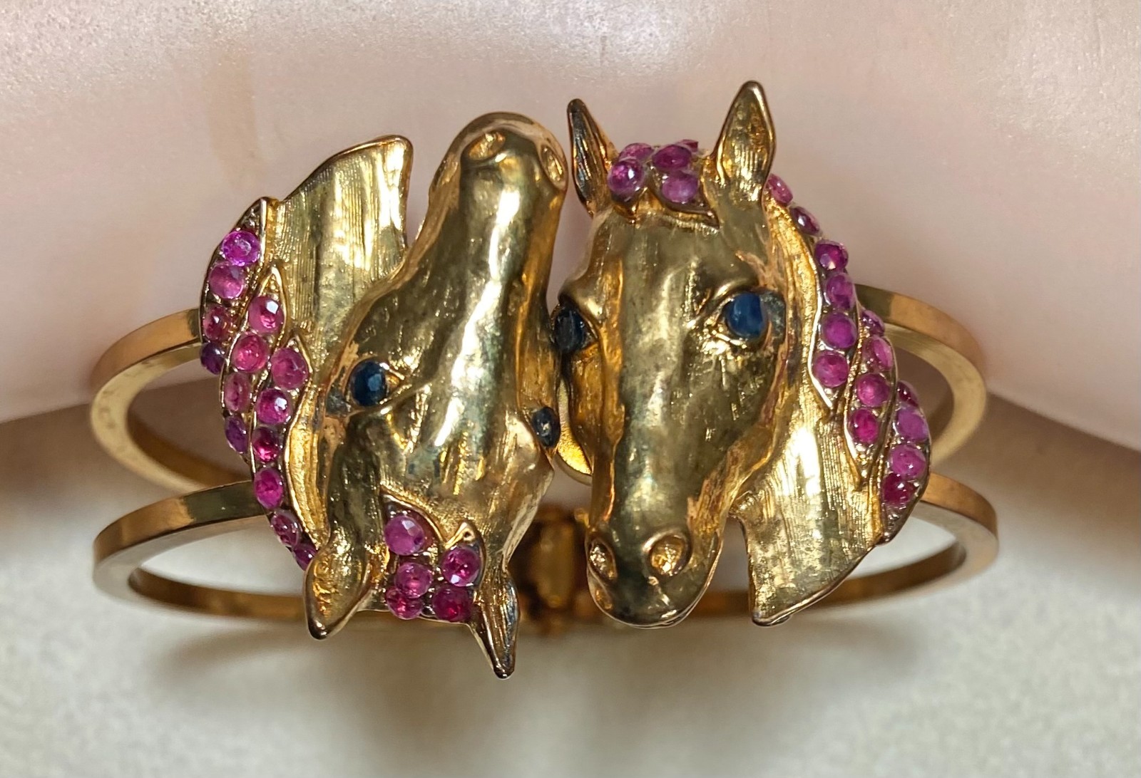 AUTHENTIC SWOBODA CUFF HORSE BRACELET ~ GENUINE RUBY, SAPPHIRE EYES ~ STUNNING!
