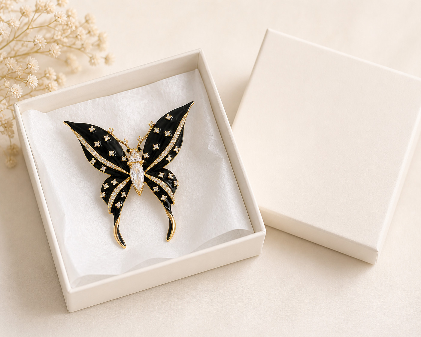 Black Enamel Butterfly Brooch Gold Tone Rhinestone Crystal Pin Vintage-Inspired