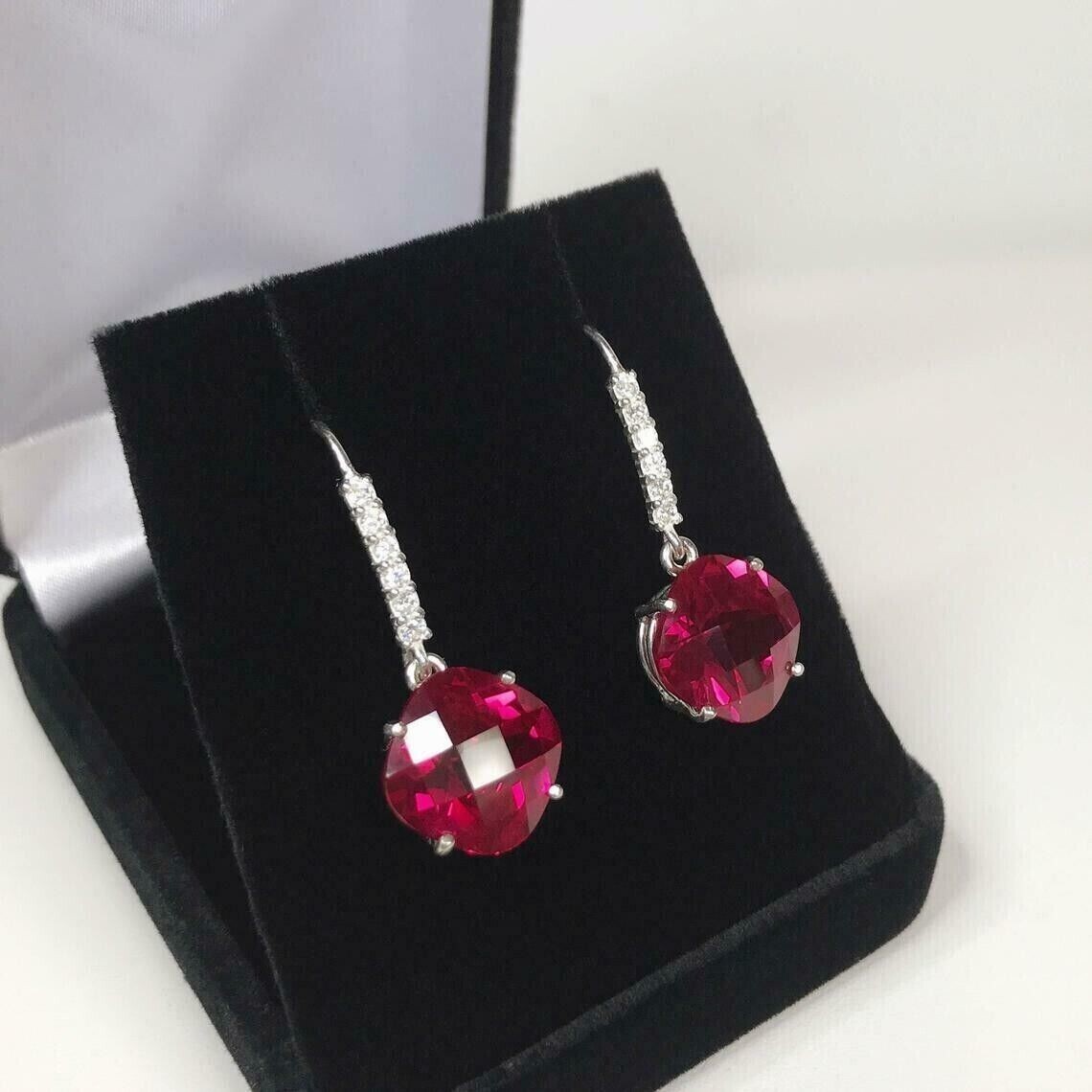 Cushion Cut Ruby & Lab Created Diamond Wedding 14ct White Gold Filled Earrings