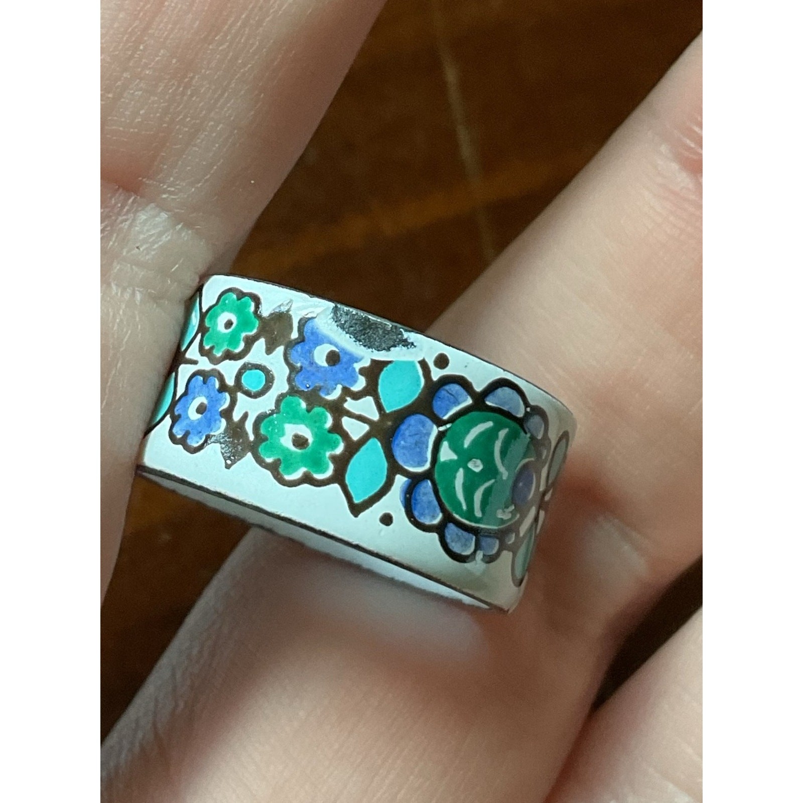 Vintage Mexican Ceramic Hand Painted Floral Ring Size 7 Blue Green White Flaw