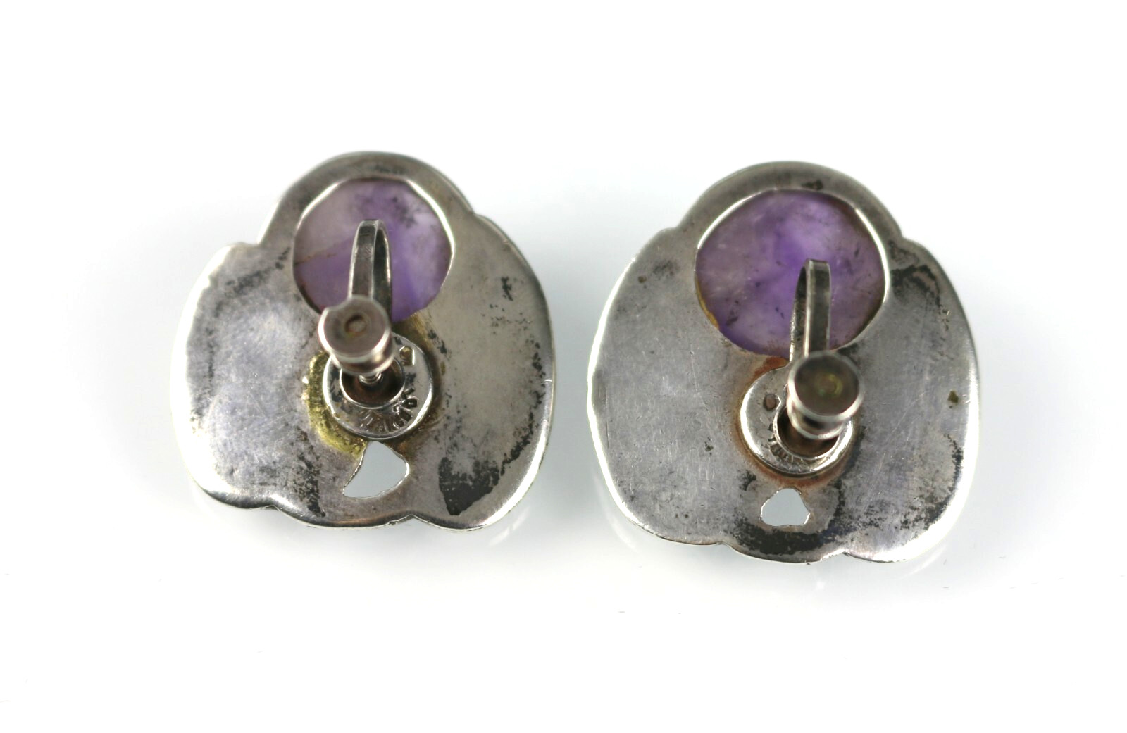 Vintage Los Castillo Taxco Mexico Sterling Amethyst Leaf Screw Clip On Earrings