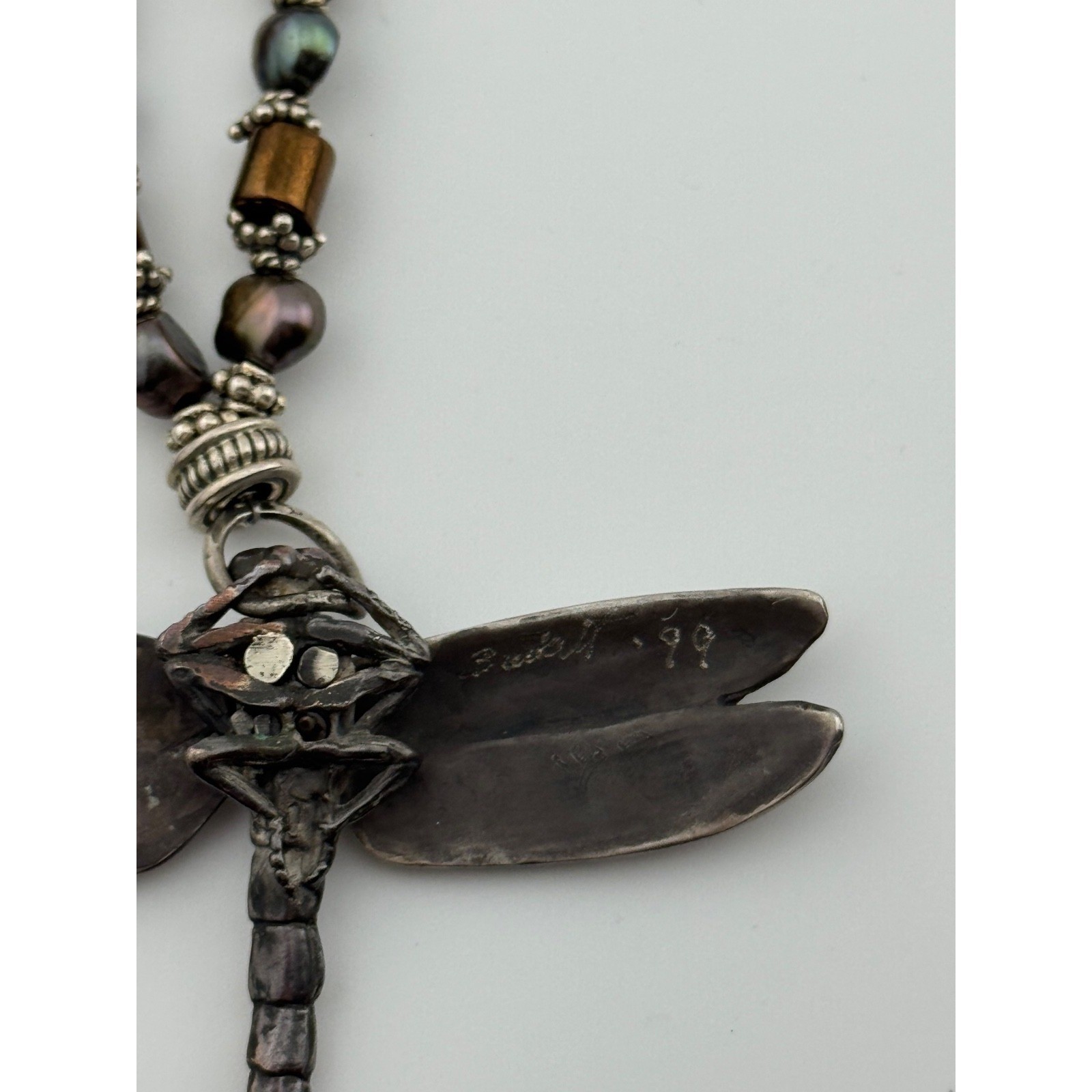 Vintage 1999 Robert Bob Burkett Signed Dragonfly Pendant Beaded Pearl Necklace