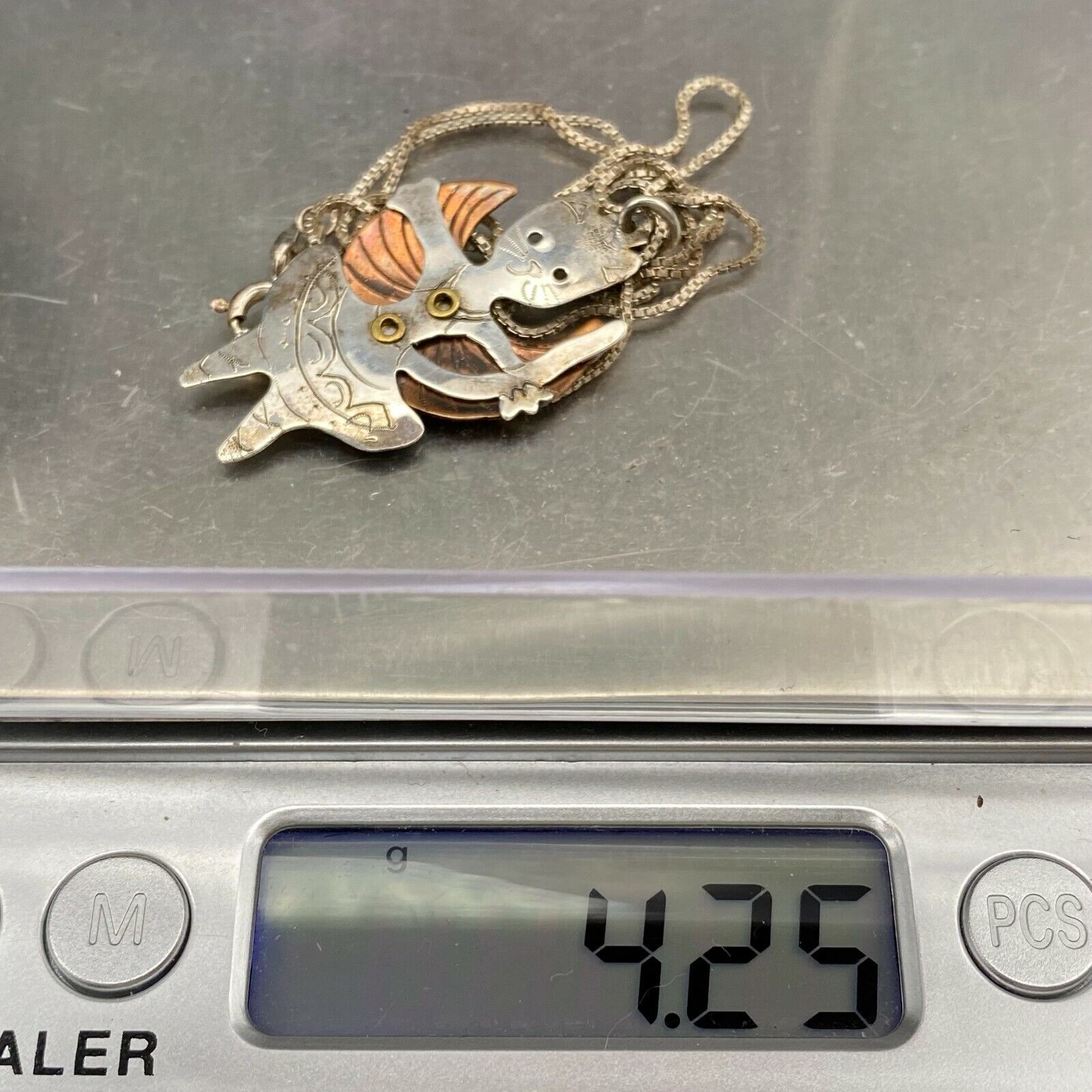 Vintage Dancing Cat Ballet Mixed Metal Sterling Silver Copper Wing Pendant