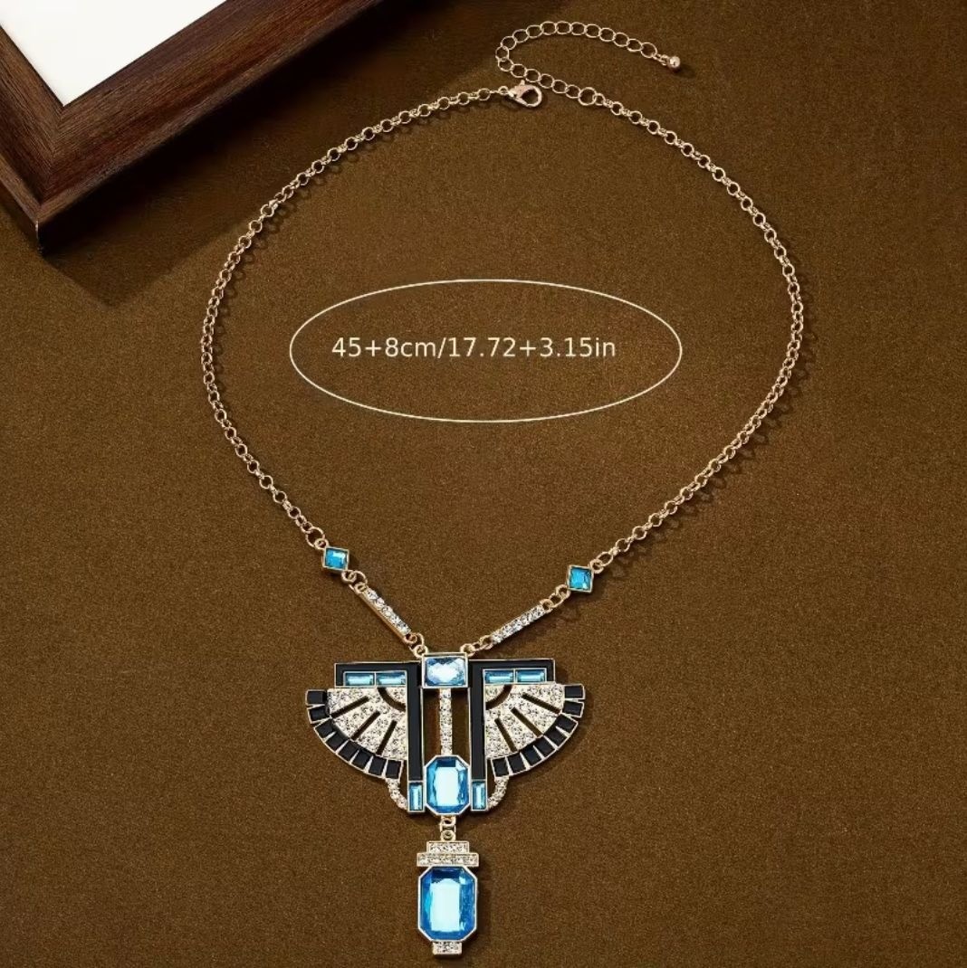 Art Deco Style Blue Glass & Crystal Pendant Necklace Gold Tone Egyptian Revival