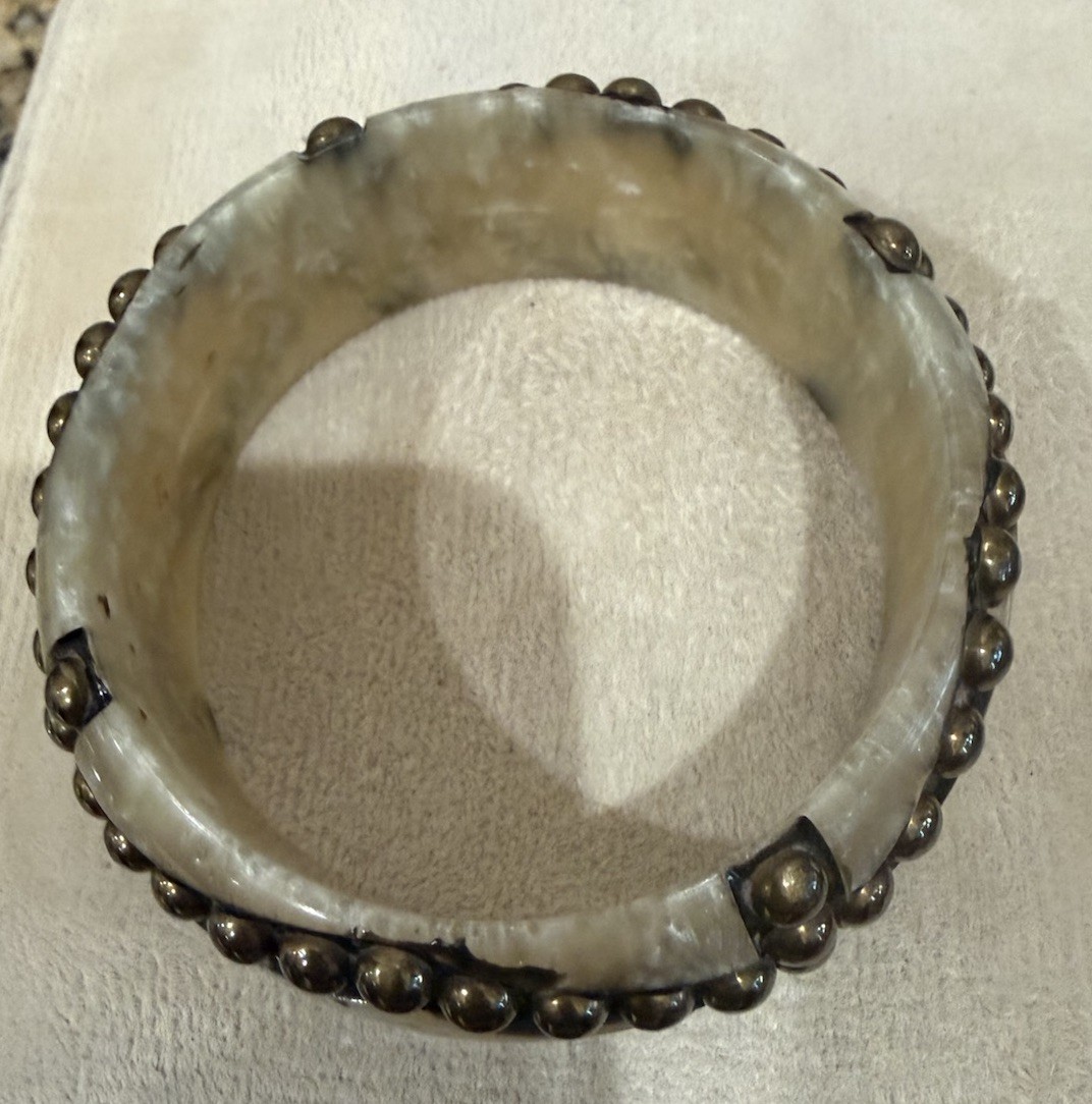Off White Marbled Bracelet Brass Studded Bangle Boho Vintage 7.5”