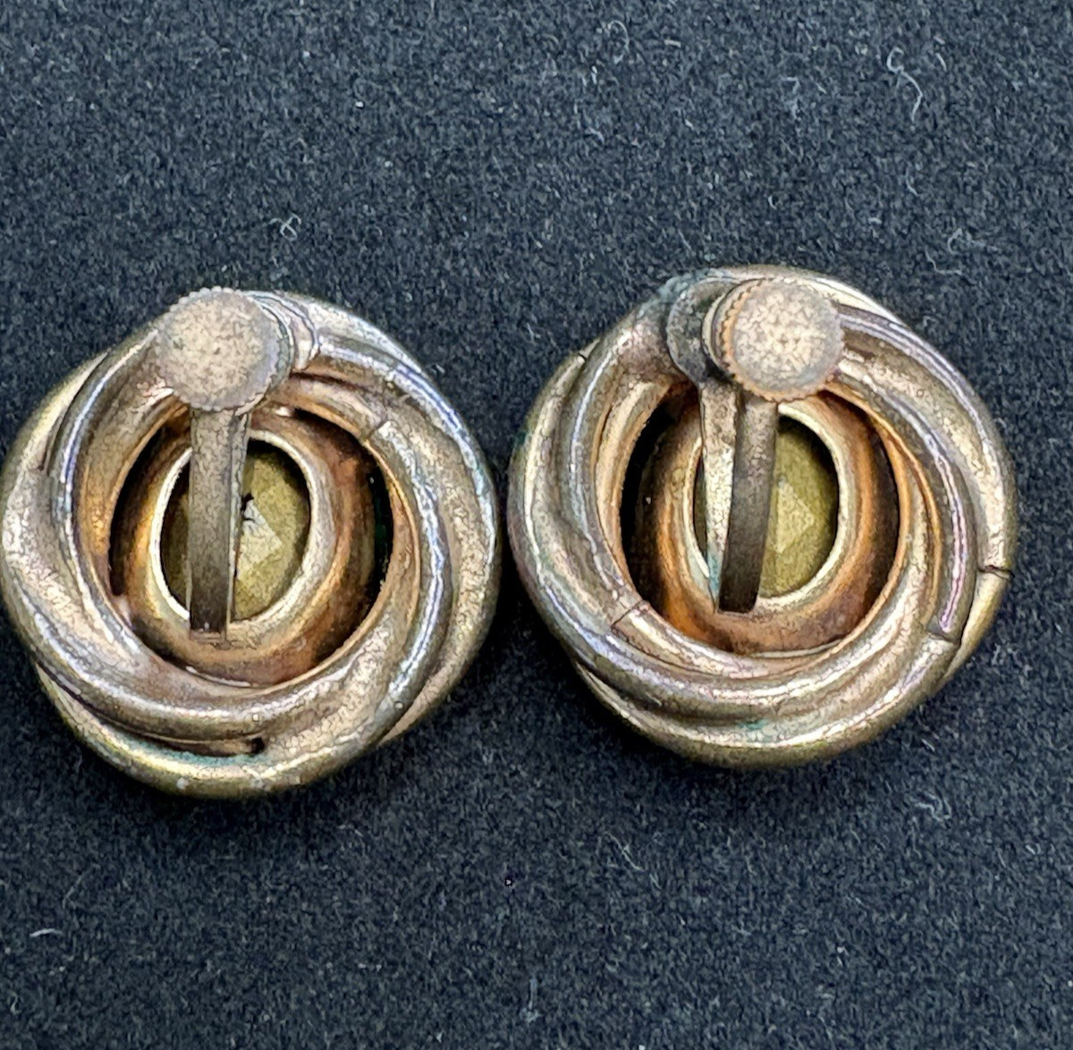Vintage Green Rhinestone and Gold Tone Knot Screw Back Earrings ~ FREE Shipping