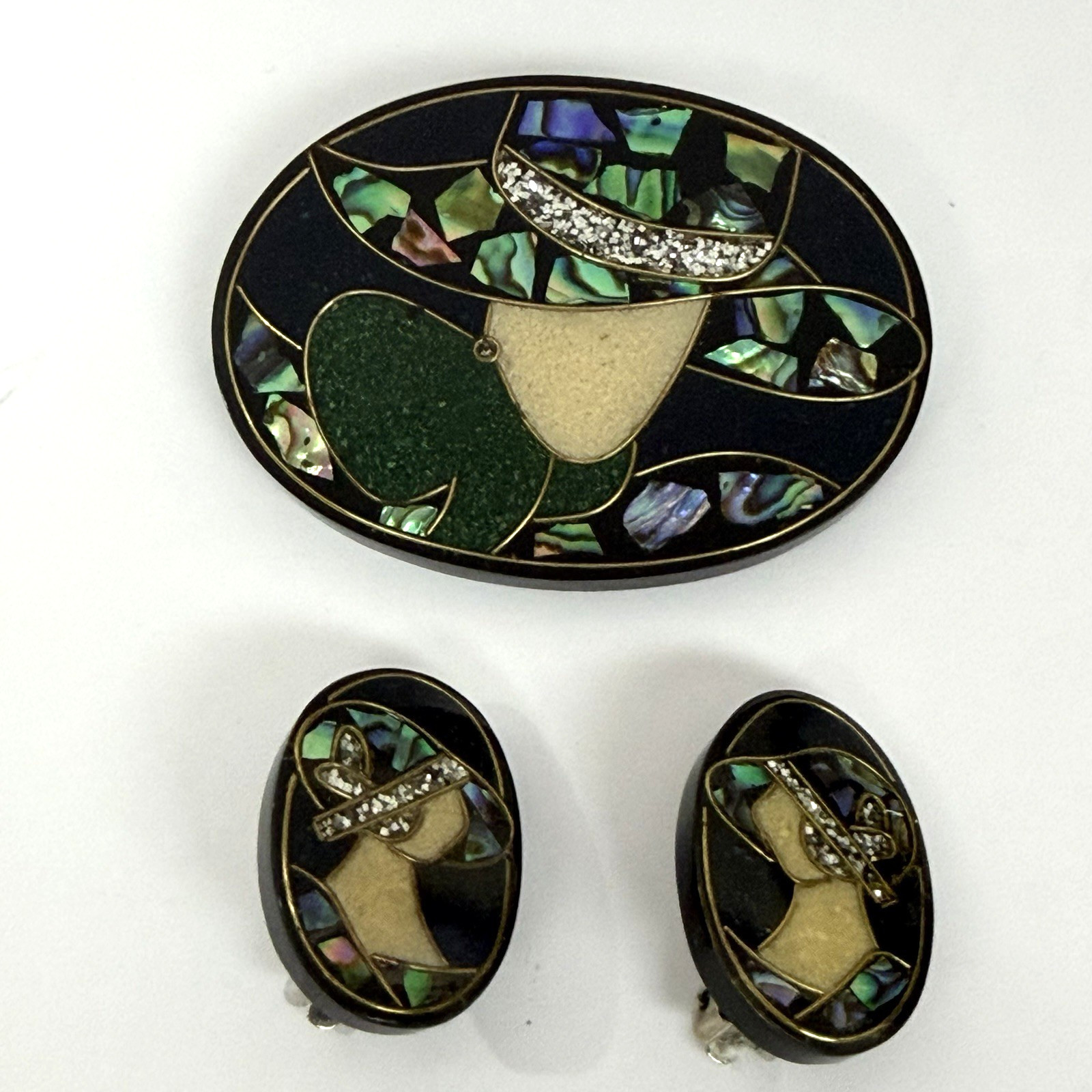 Vintage Paua Shell Brooch Earring Set Abalone Inlay Black Resin Art Deco Gatsby