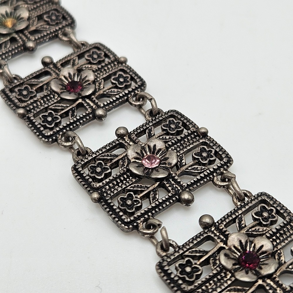 VINTAGE Art Deco Filigree Rhinestone Flower Articulated Panel Link Bracelet
