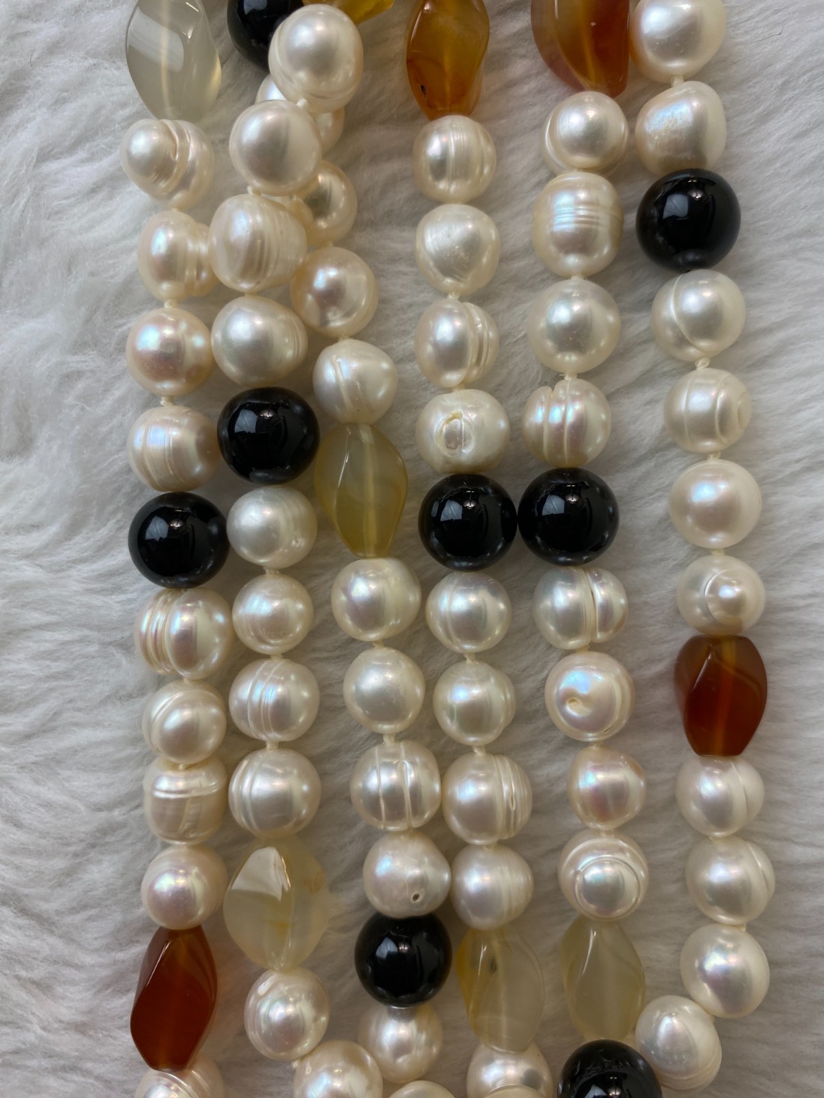 Vtg 1950s Japan Knotted Faux Pearl Multi-Strand Necklace Cream Amber Black 18″