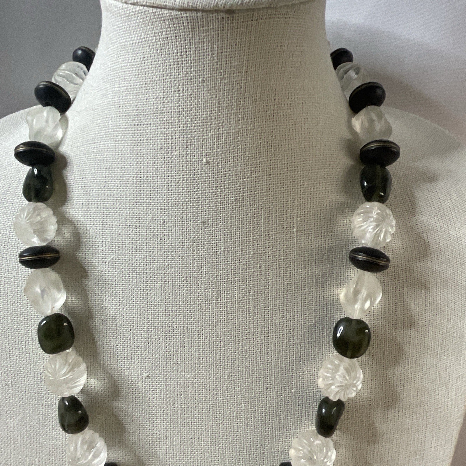 Vintage Frosted Lucite Bead Necklace Black Wood & Glass Chunky Retro 1980s 25″