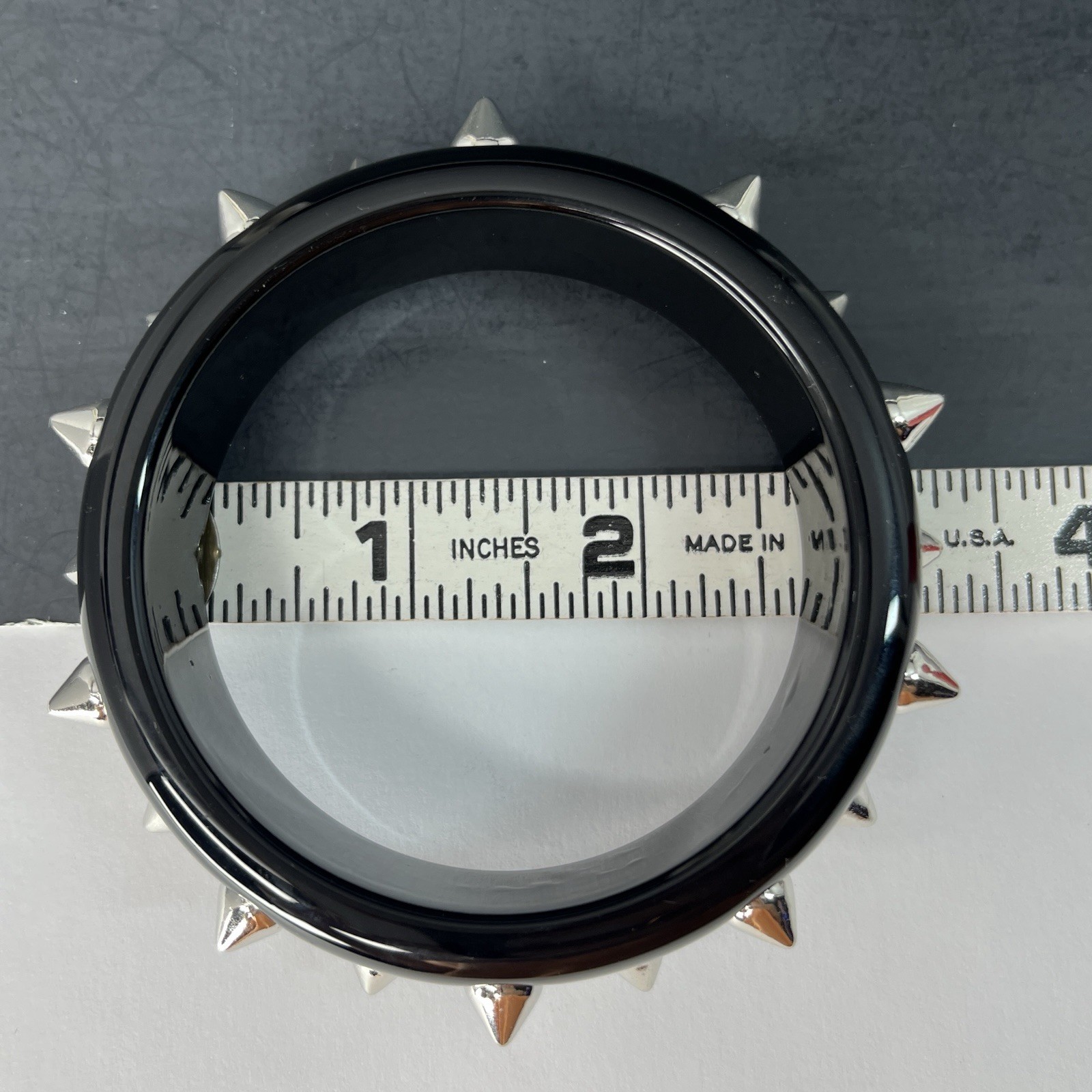 Black Lucite Bangle Bracelet Silver Spikes Punk Rock Biker Studs Retro 7.75”