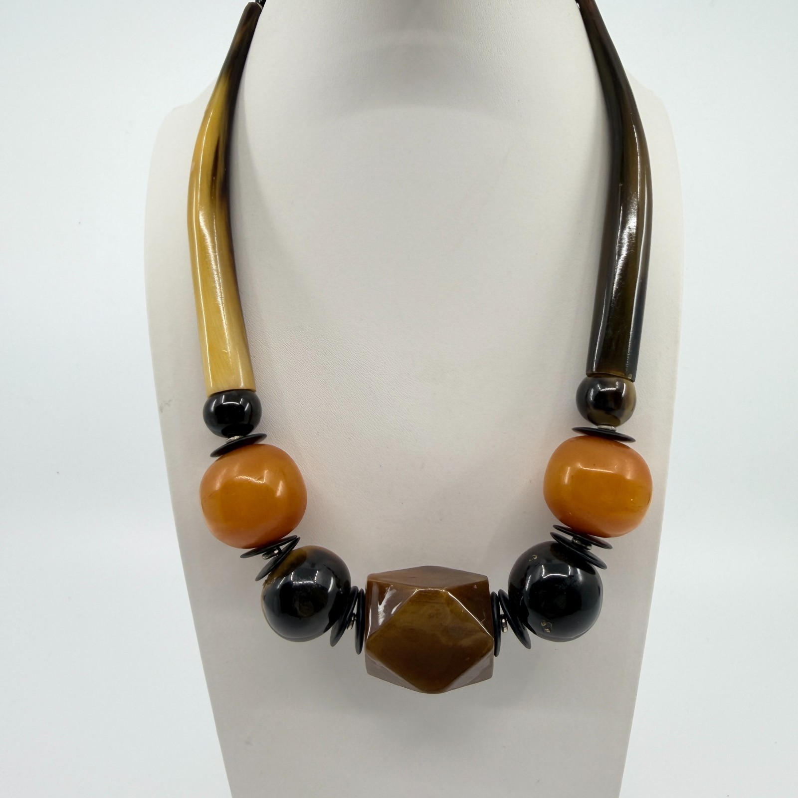 Vintage Chunky Resin Faux Horn Tusk Geometric Bead Statement Necklace Boho 90s