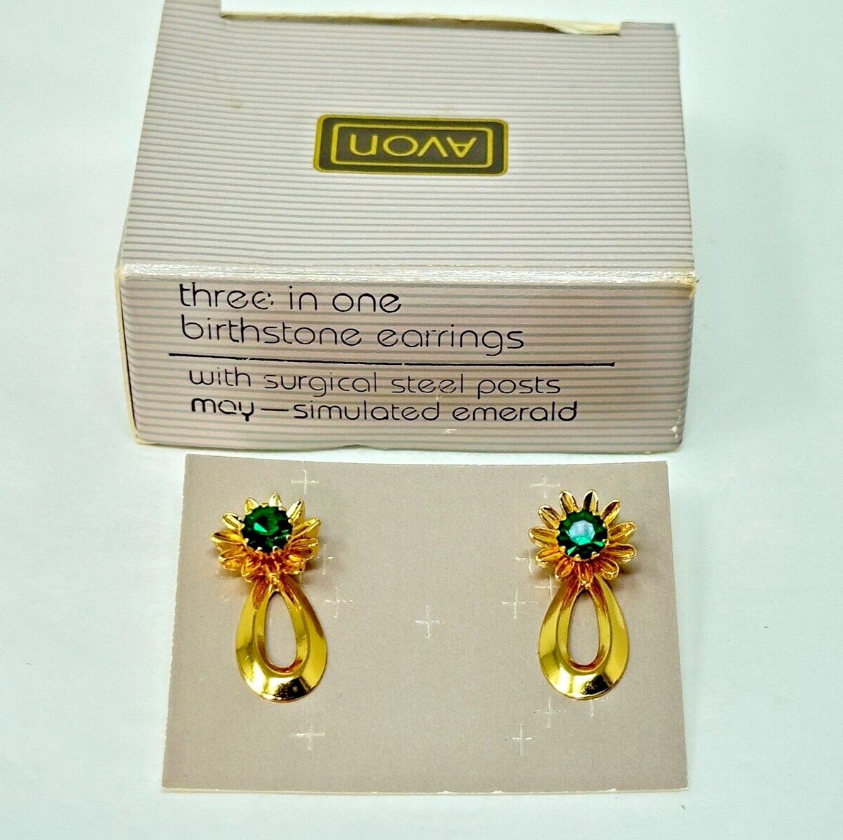 Vintage 1990 Avon MAY Green Birthstone Three in One Pierced Earrings With Box