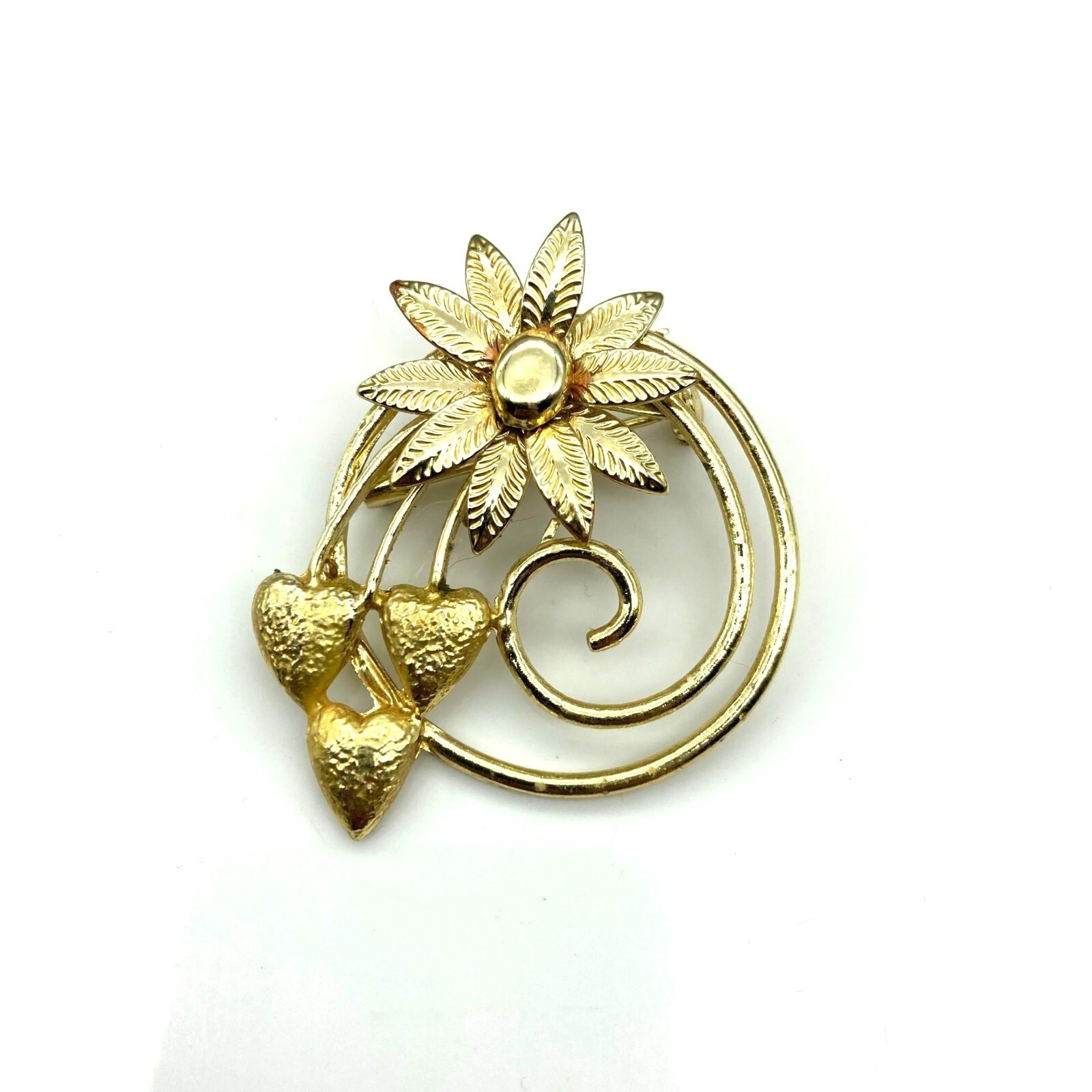 Vintage Hearts and Flowers Brooch, Gold Tone MCM Spiral Lapel Pin