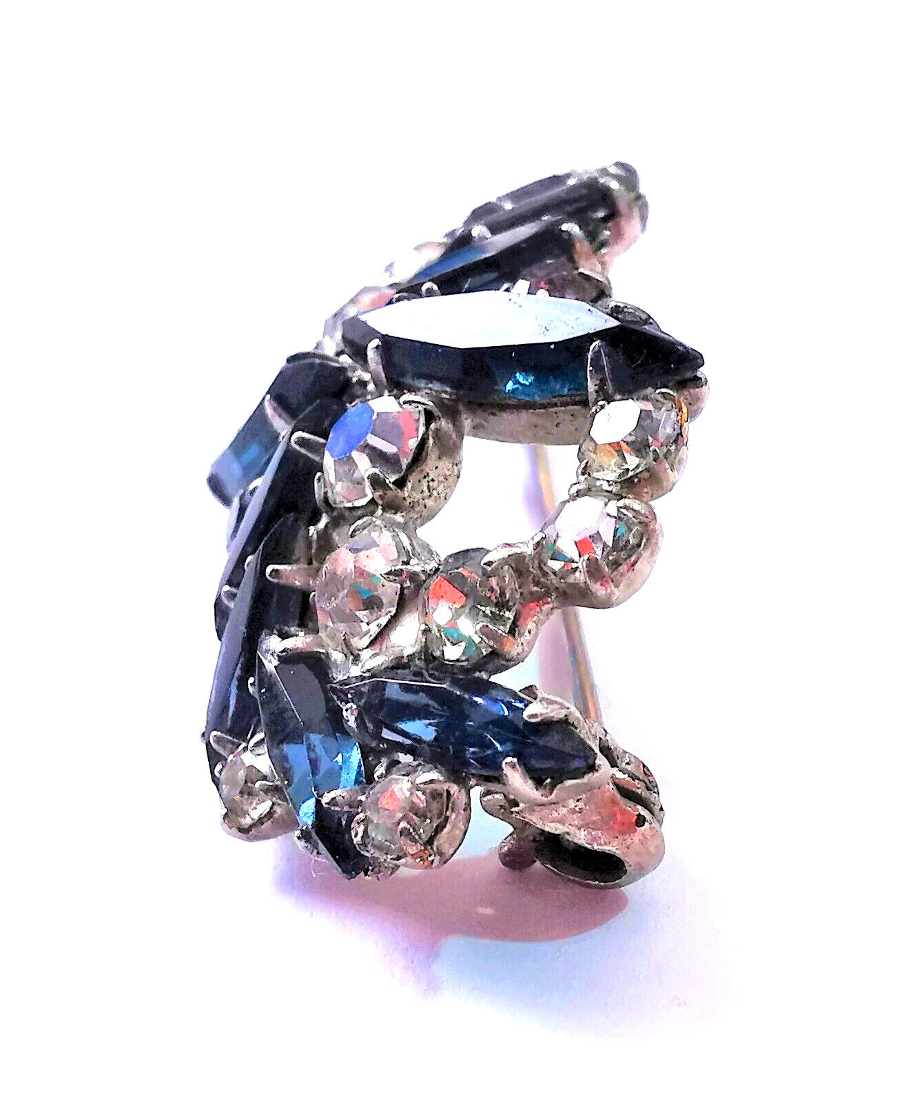 Czech Brooch Vintage Pin Rhinestone Blue Clear Glass Rhinestones Silvered Brass