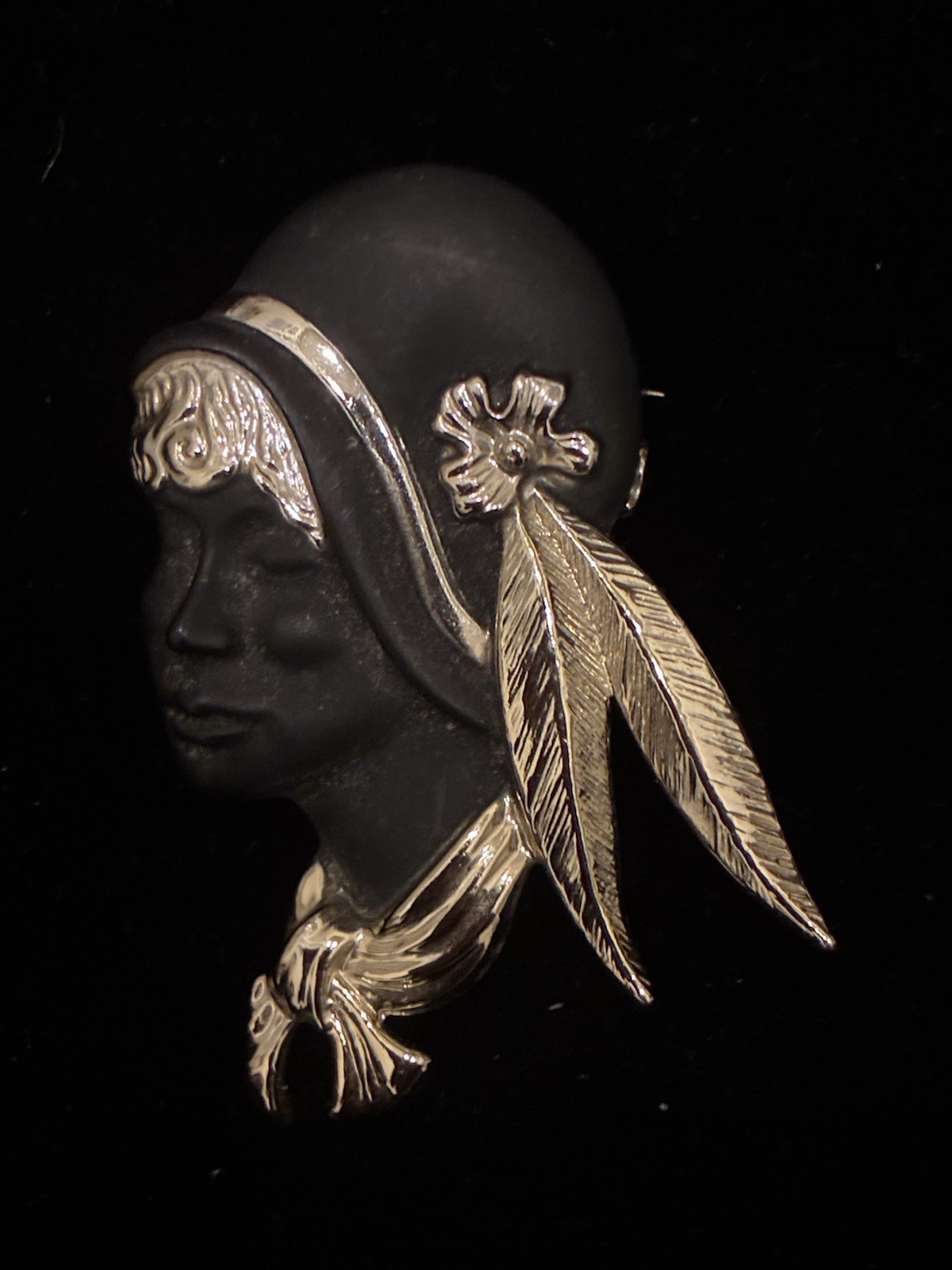 Vintage Torino Flapper Girl Brooch in Gold Tone and Black Matte Finish.