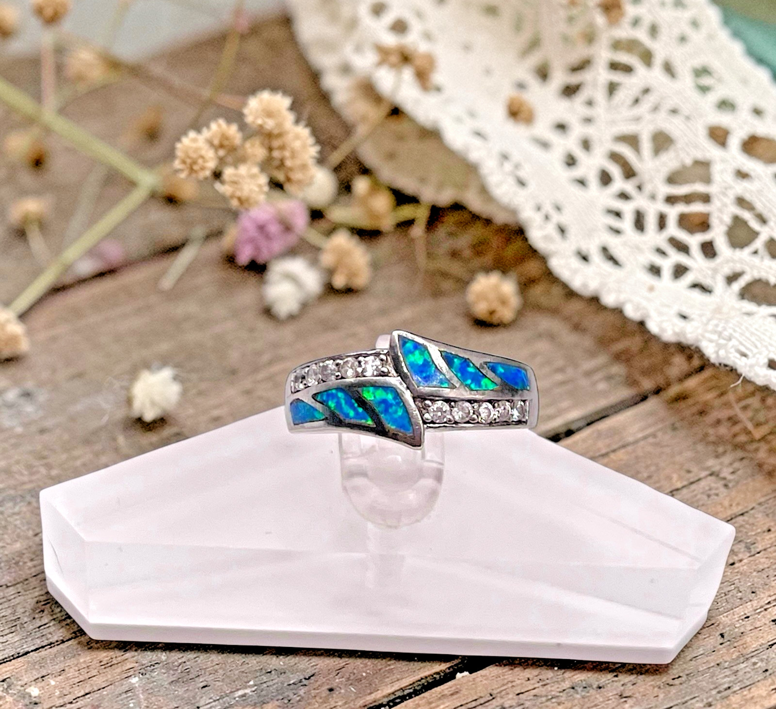 Blue Fire Opal with CZ Accents 925 Sterling Band Ring, size 8.25