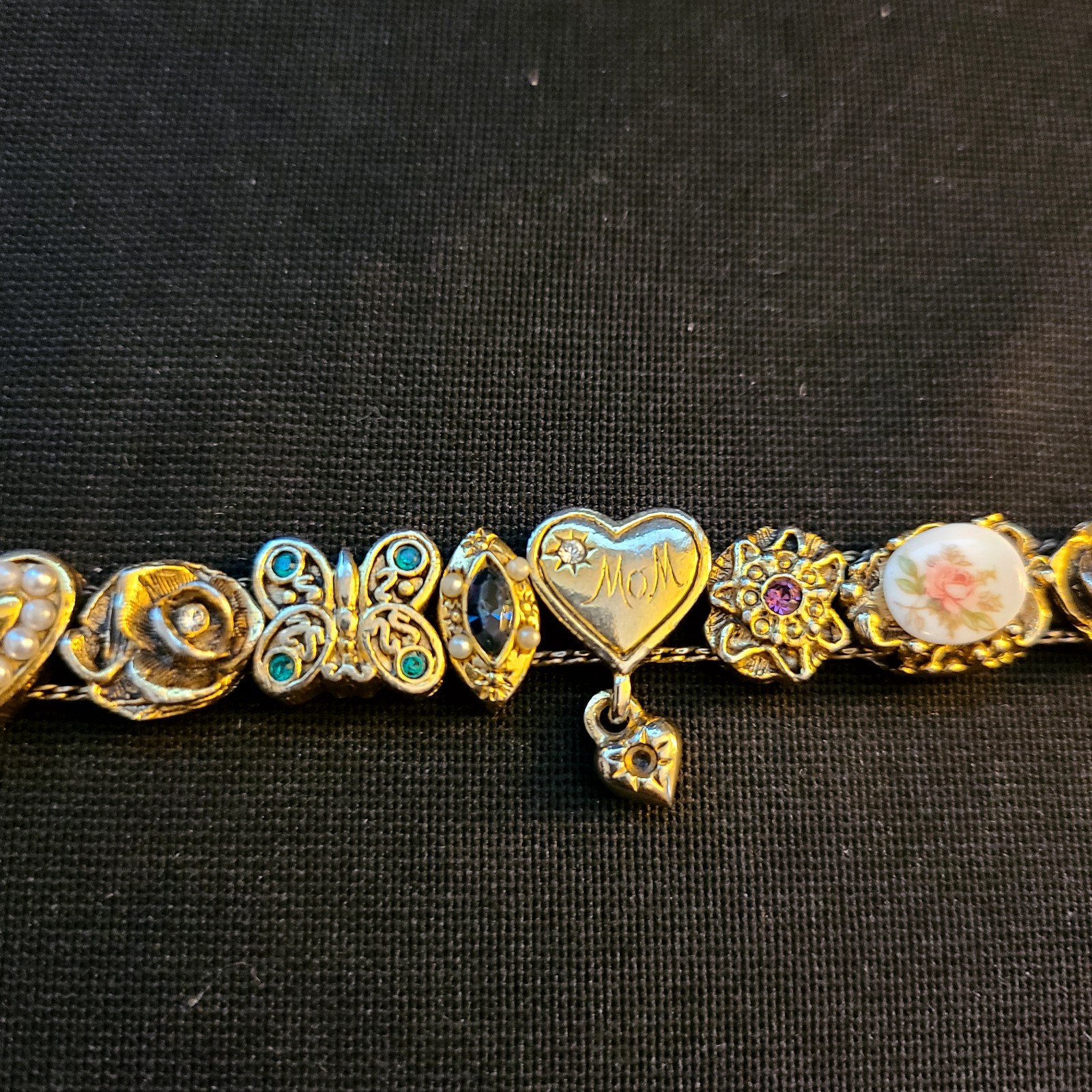 Vintage Victorian Gold Tone Slide Bracelet (14) Charms Mom Cameo Butterfly Heart