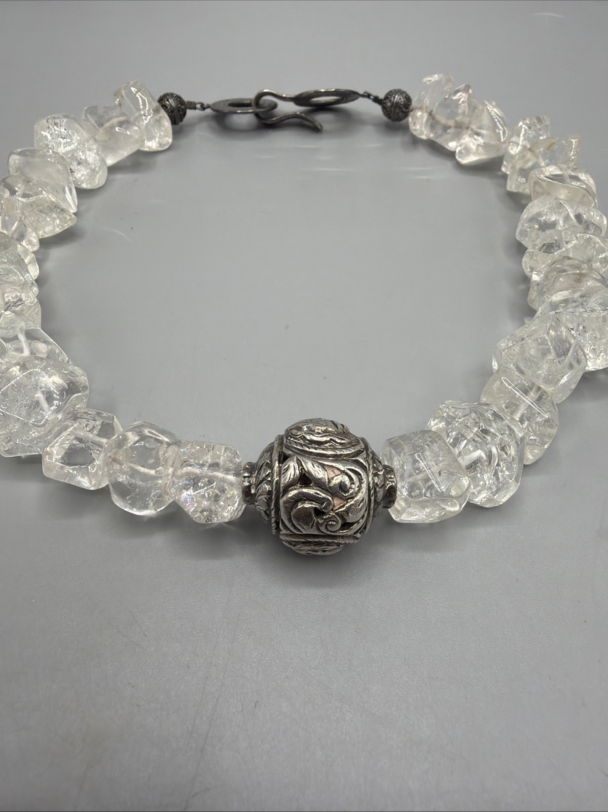 JBB 925 STERLING SILVER, Clear QUARTZ And Bead PENDANT CHOKER NECKLACE 16”