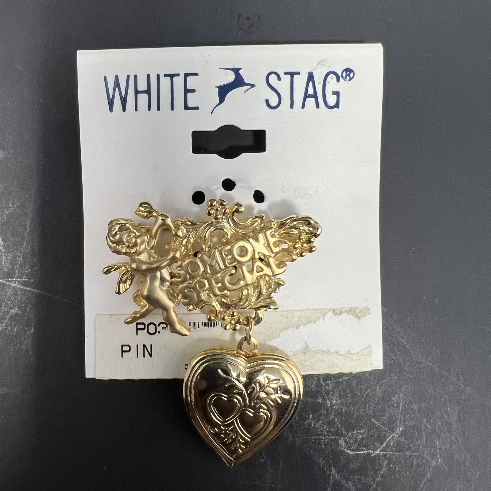 White Stag Pin with Heart Locket Gold Tone Cupid Someone Special