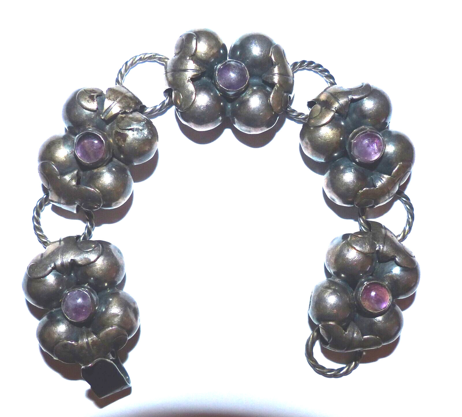 Mexican Silver Amethyst Bracelet With Slver Rope Links Vintage