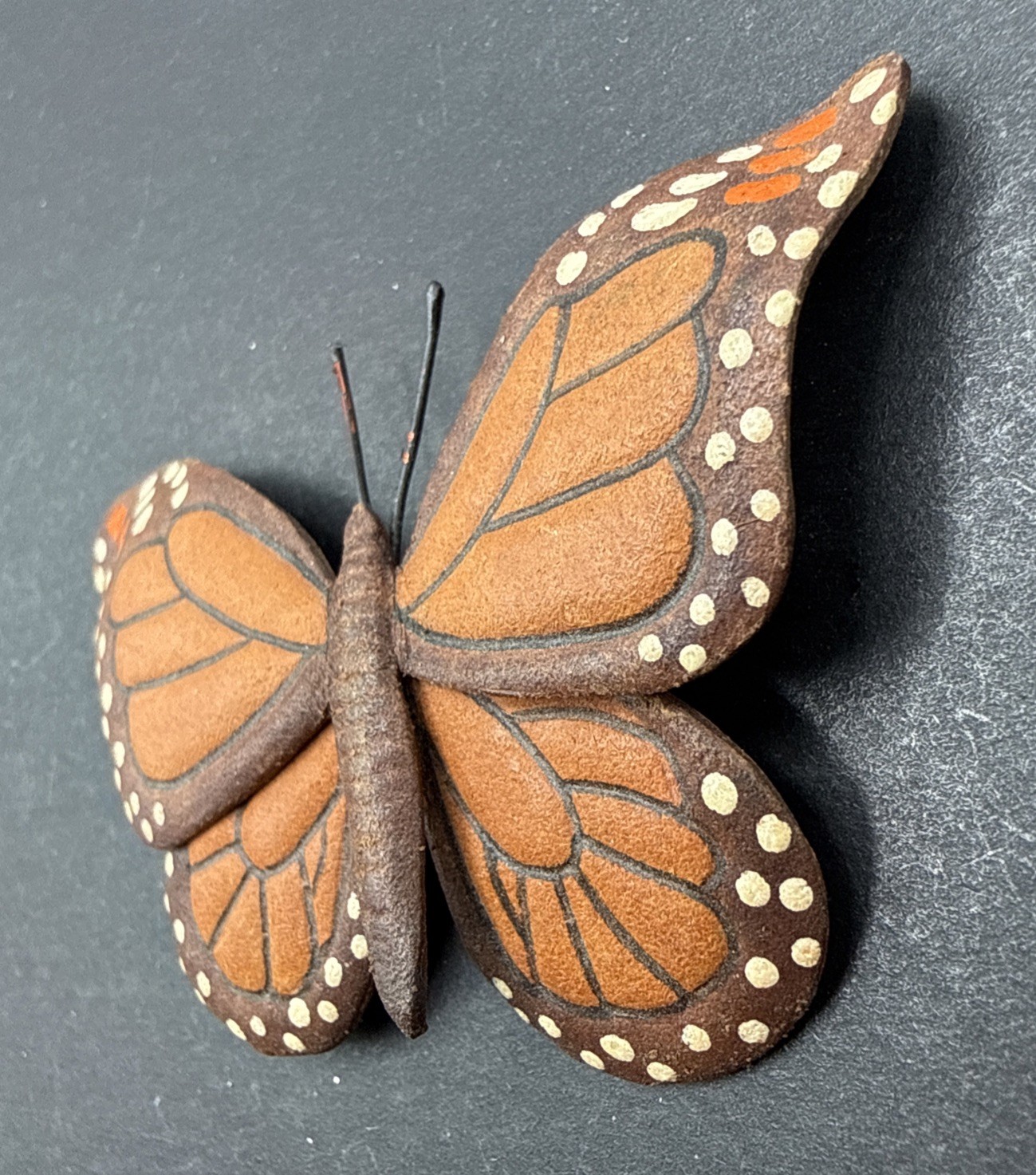 Artisan Signed Tooled Leather Butterfly Brooch Pin J15b