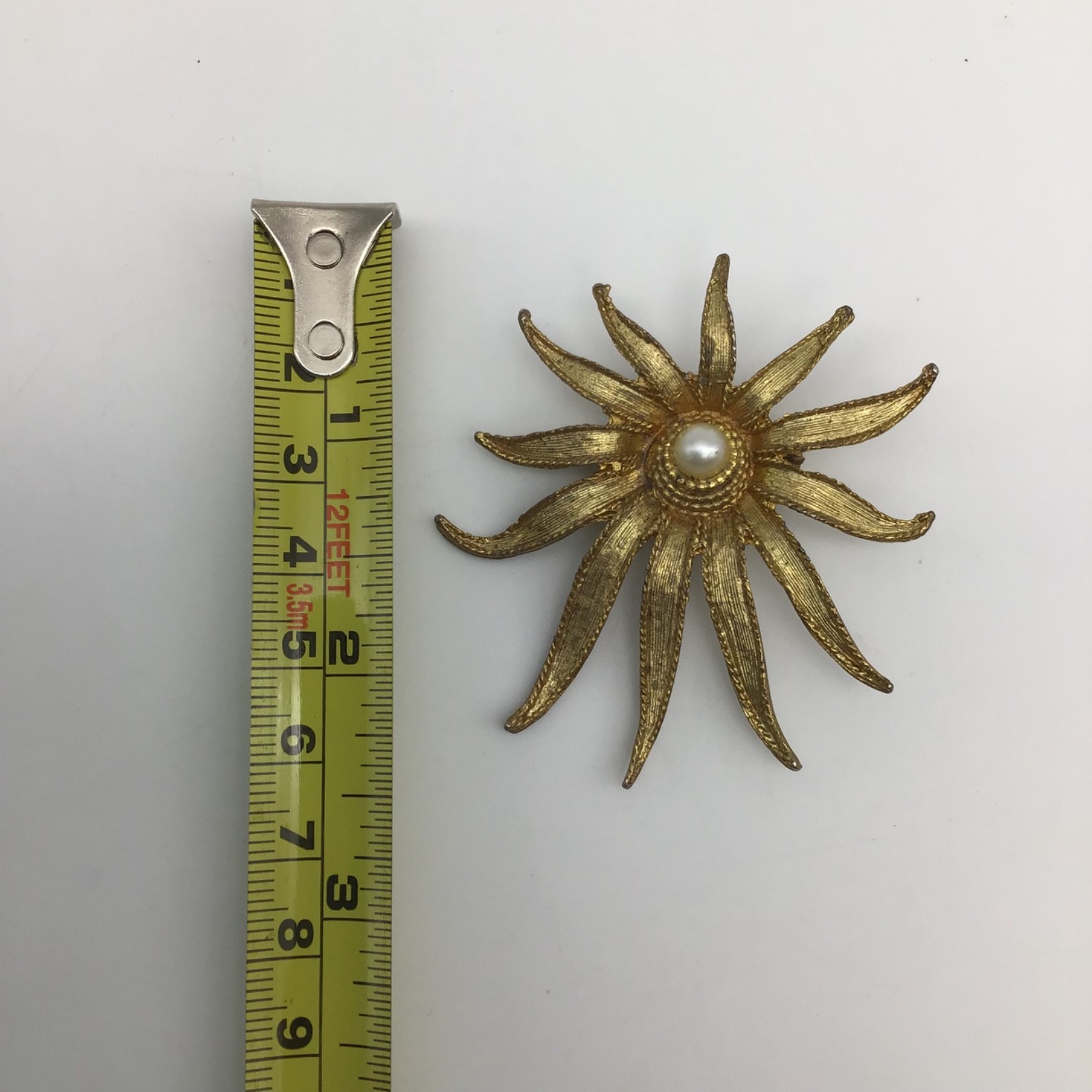 Boucher 1950’s Flower/Star Brooch #7441 Brushed Gold Tone Metal 2 3/8 inches