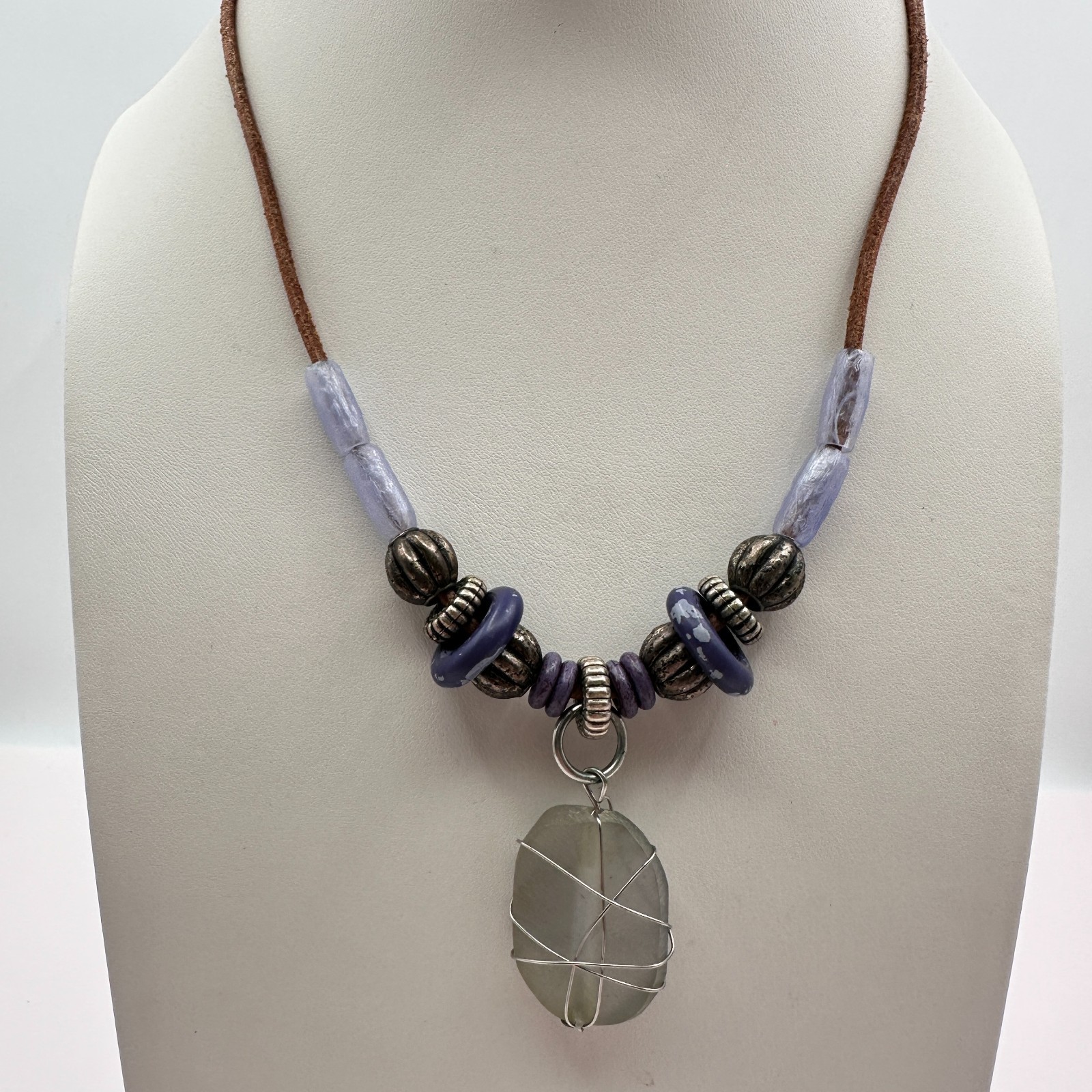Vintage 90s Boho Wire Wrapped Stone Pendant Necklace Purple Glass Beaded Leather
