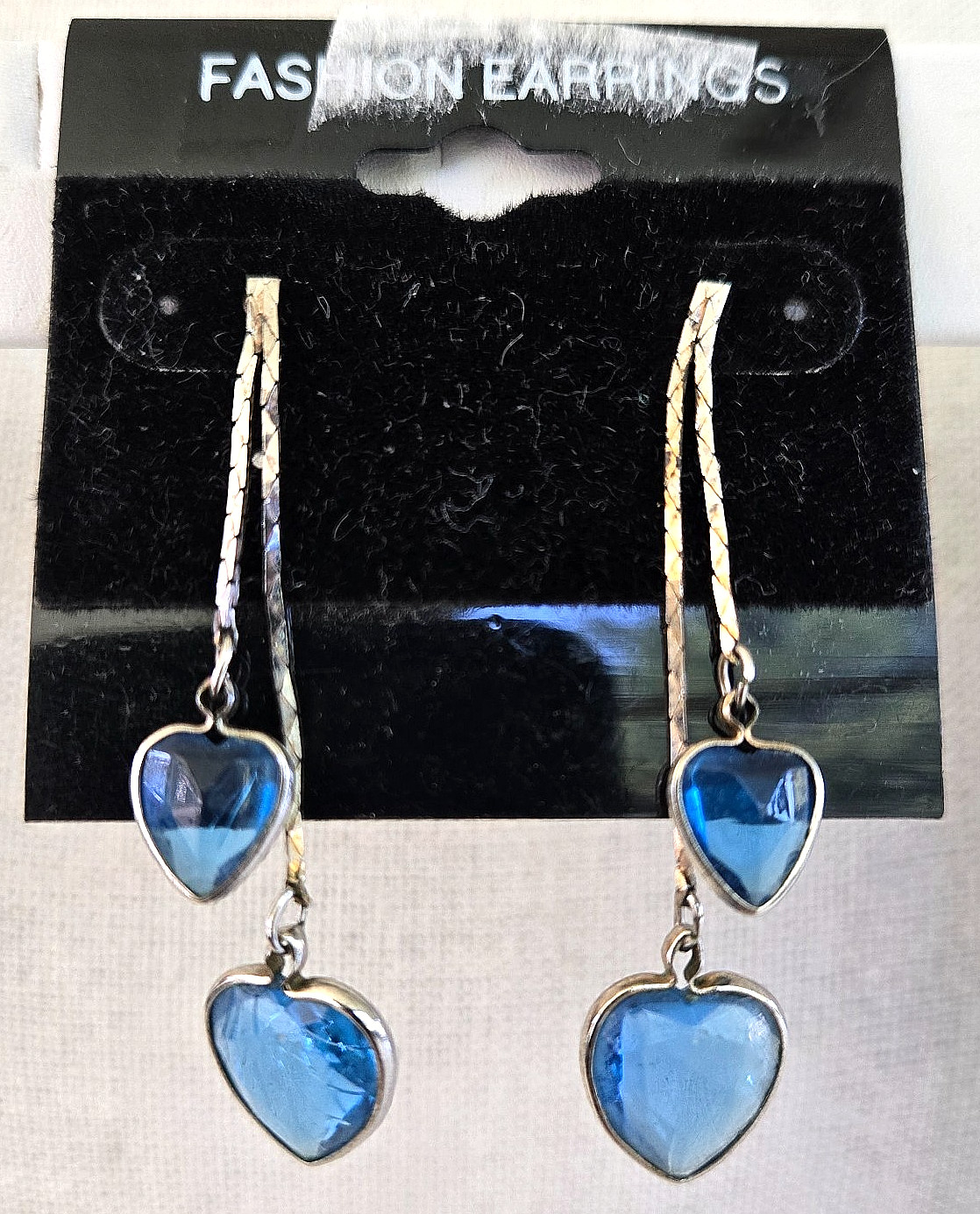 Vintage Blue Acrylic Crystal Heart Open Bezel Silver Tone Pierced Earrings 2″